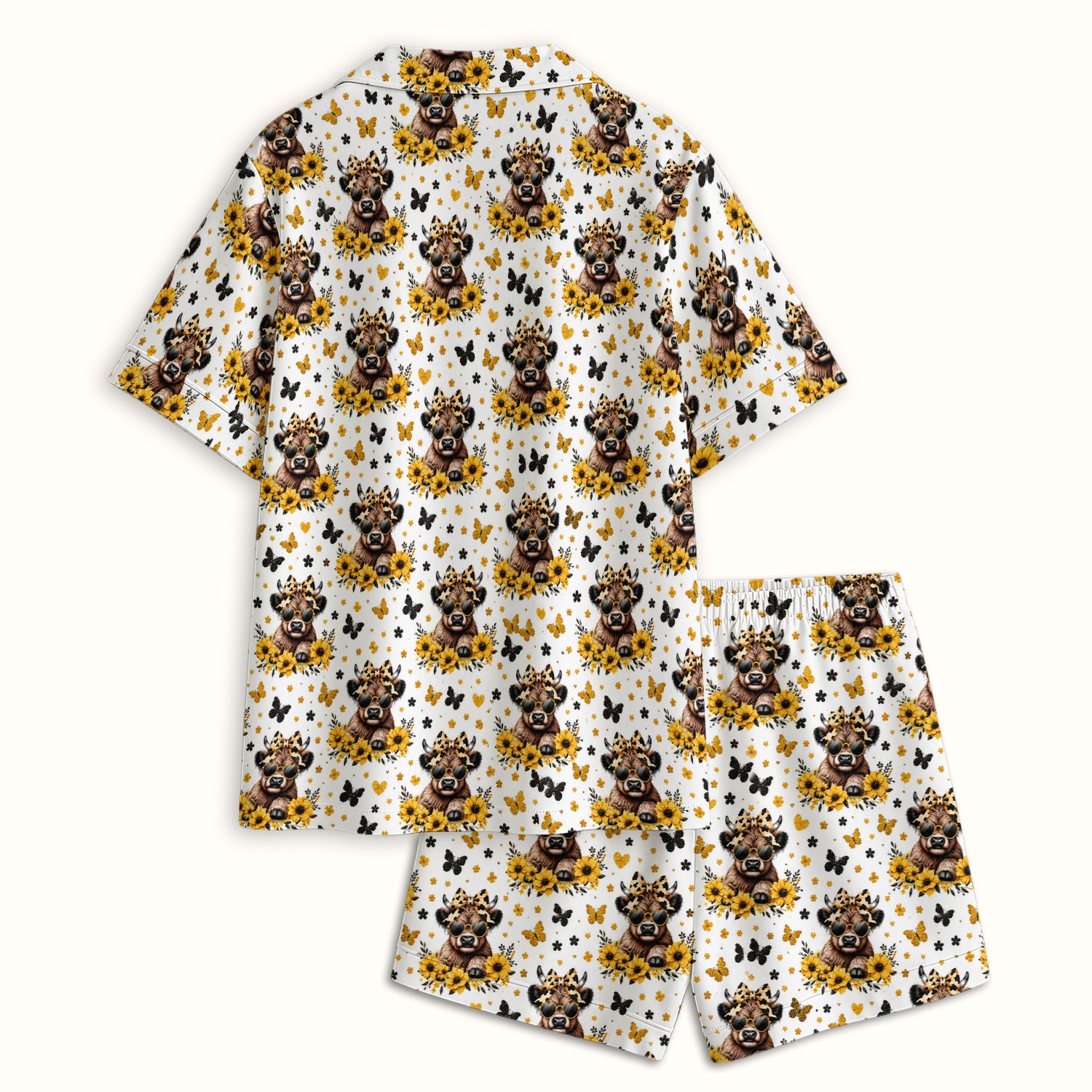 Cow With Sunflower Bow Pattern Pajama Set, Soft Breathable Fabric Comfortable Sleepwear