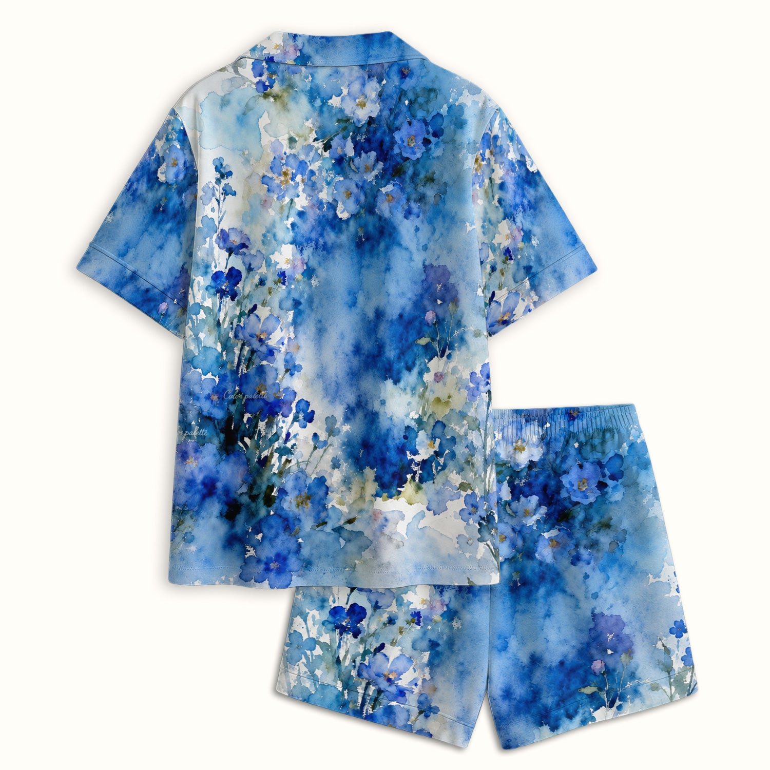 Adorable Blue Floral White Cat Pattern Pajama Set, Soft Breathable Fabric Comfortable Sleepwear
