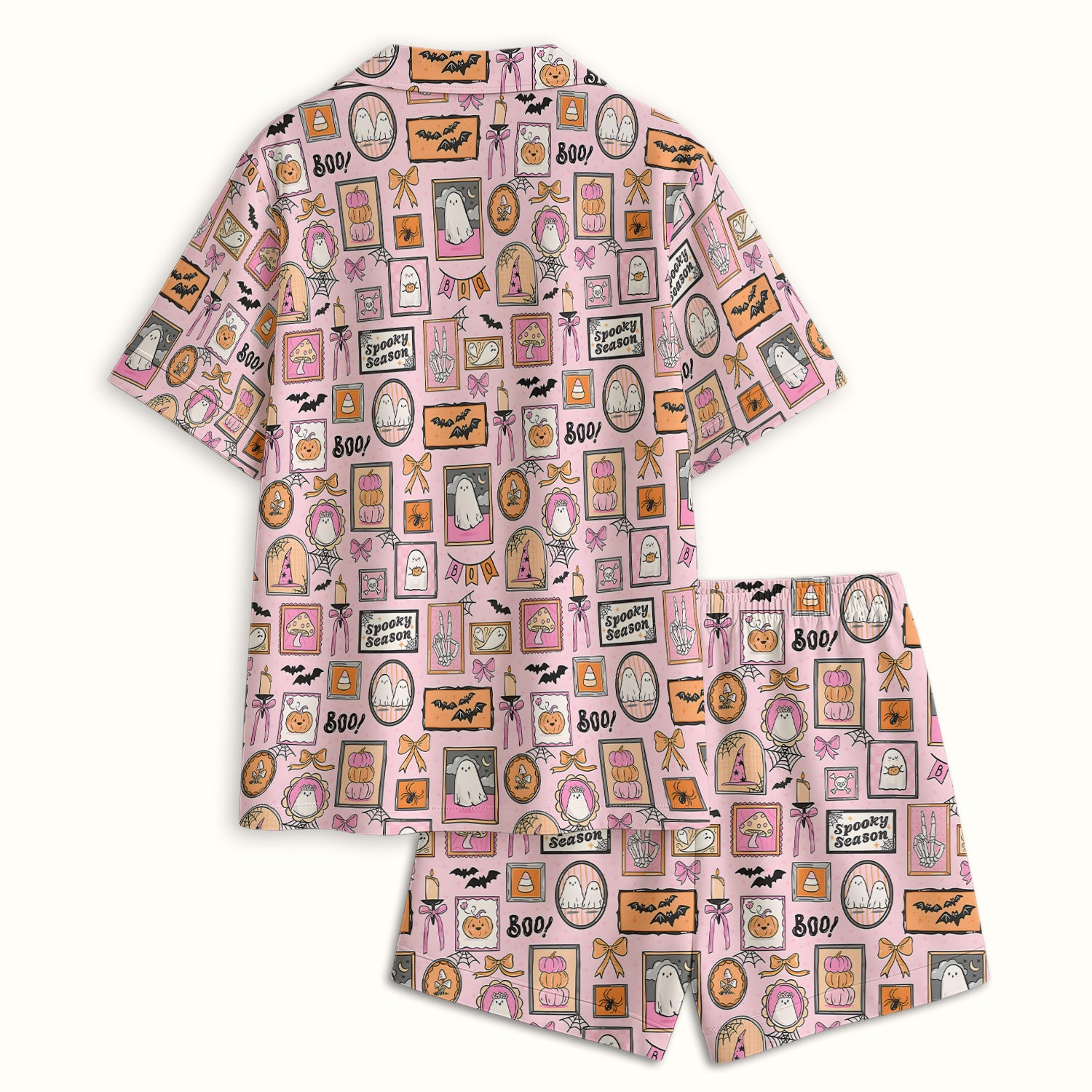 Pink Halloween Ghost Gallery Print Pajama Set, Soft Breathable Fabric Comfortable Sleepwear
