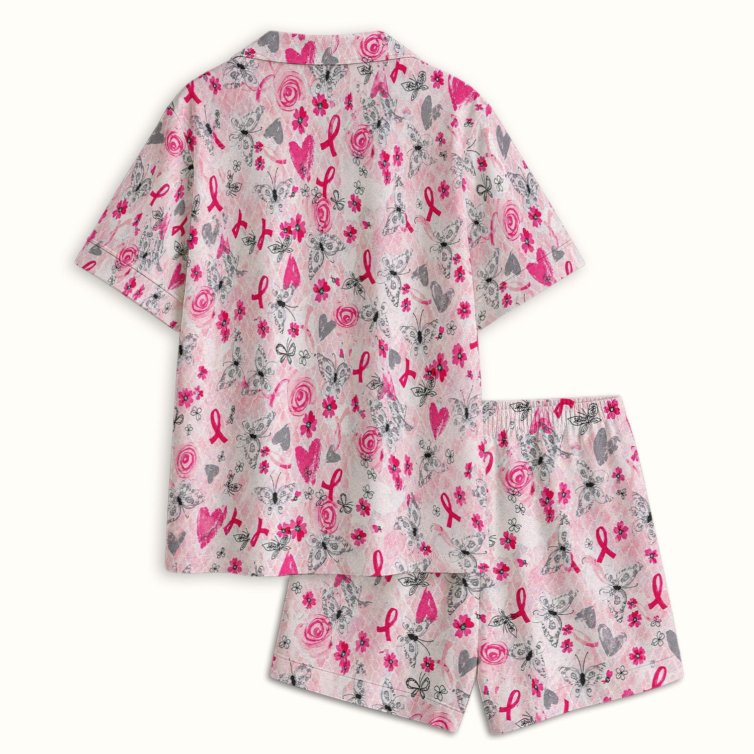 Breast Cancer Awareness Butterfly Floral Pajama Set, Soft Breathable Fabric Comfortable Sleepwear