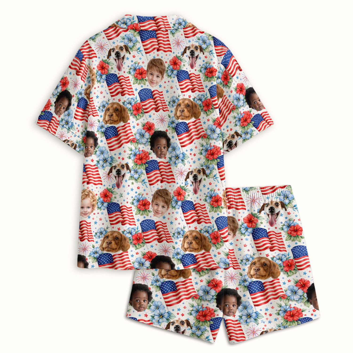 Custom Photo Patriotic Kids & Pet Faces Flag Nurse Pajama Set, Soft Breathable Fabric Comfortable Sleepwear