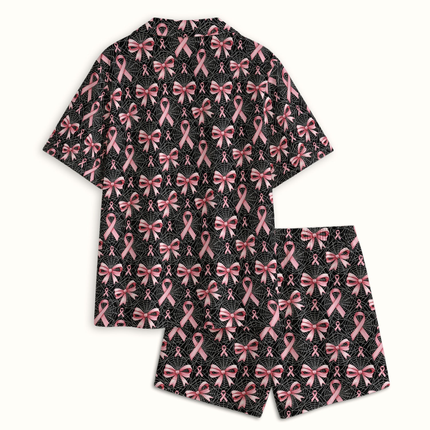 Pink Ribbon Pattern Pajama Set, Soft Breathable Fabric Comfortable Sleepwear