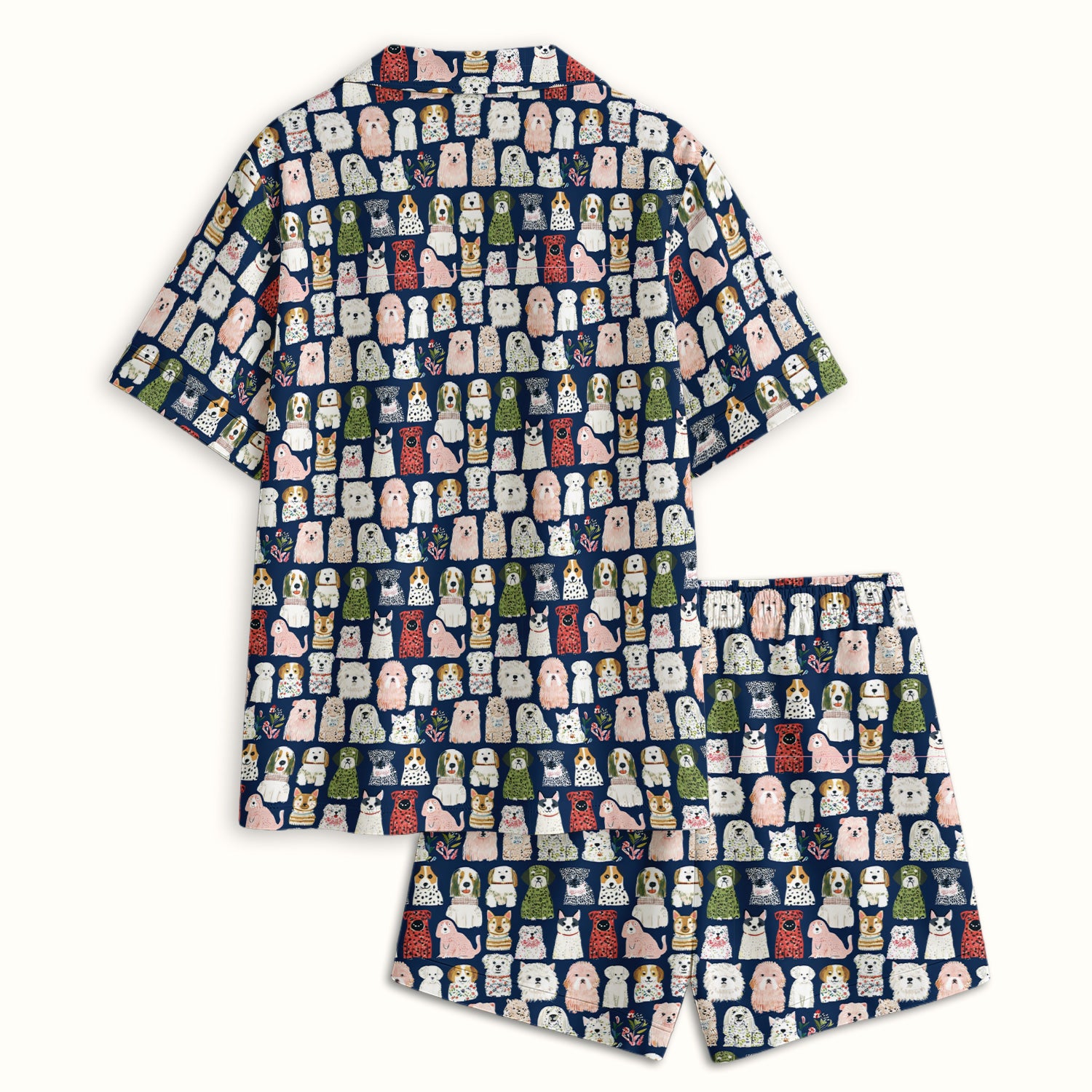 Cute Cartoon Dog Breeds Pattern Pajama Set, Breathable Fabrics Uniform