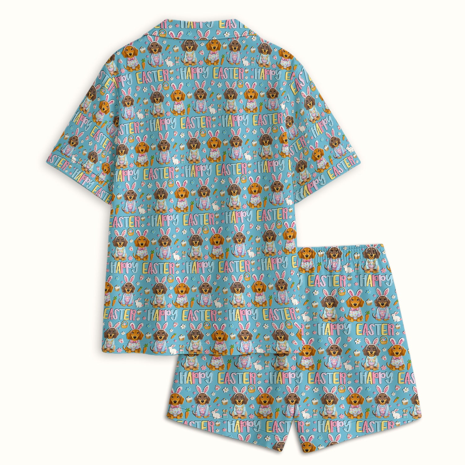 Happy Easter Dachshund Bunny Print Pajama Set, Breathable Fabrics Uniform