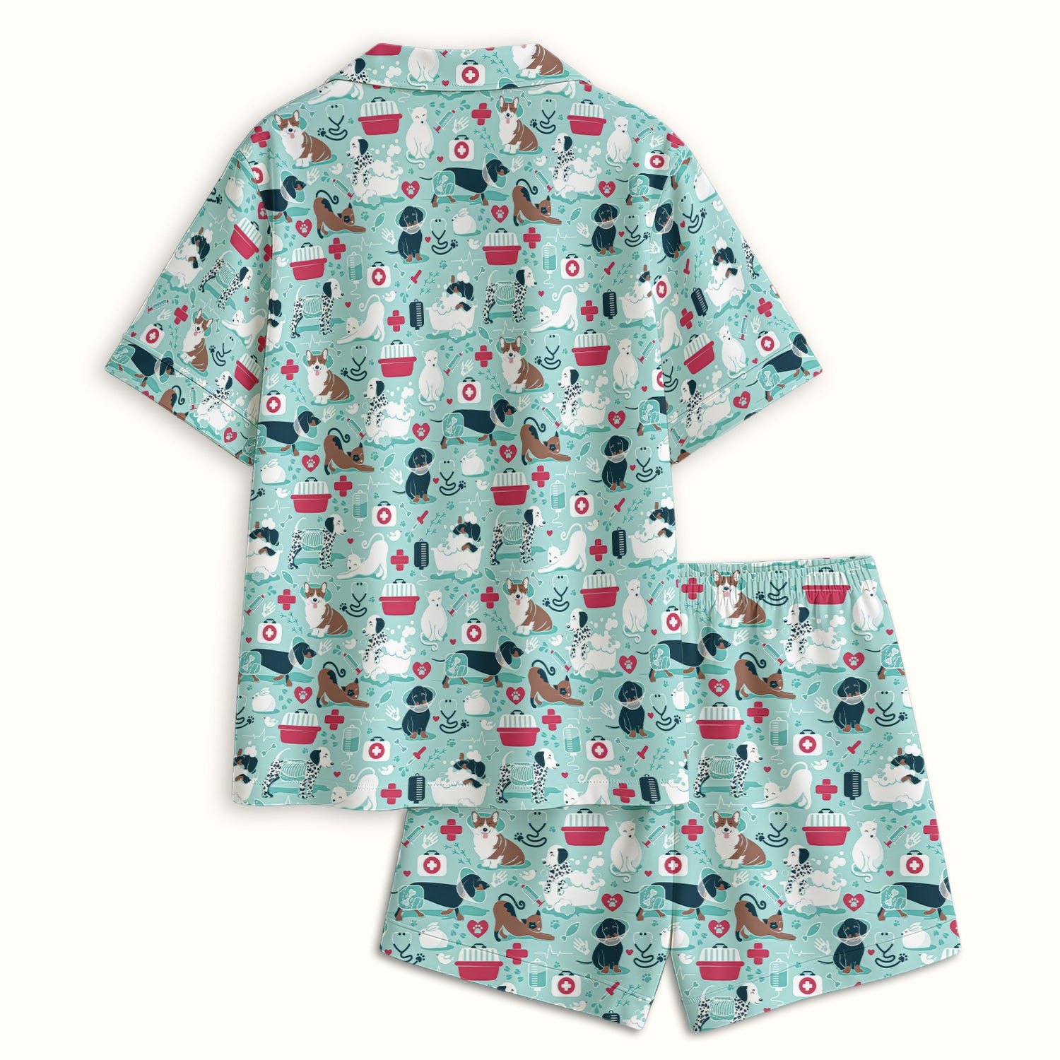Dogs With Veterinary Tools And Paw Print Pajama Set, Breathable Fabrics Uniform