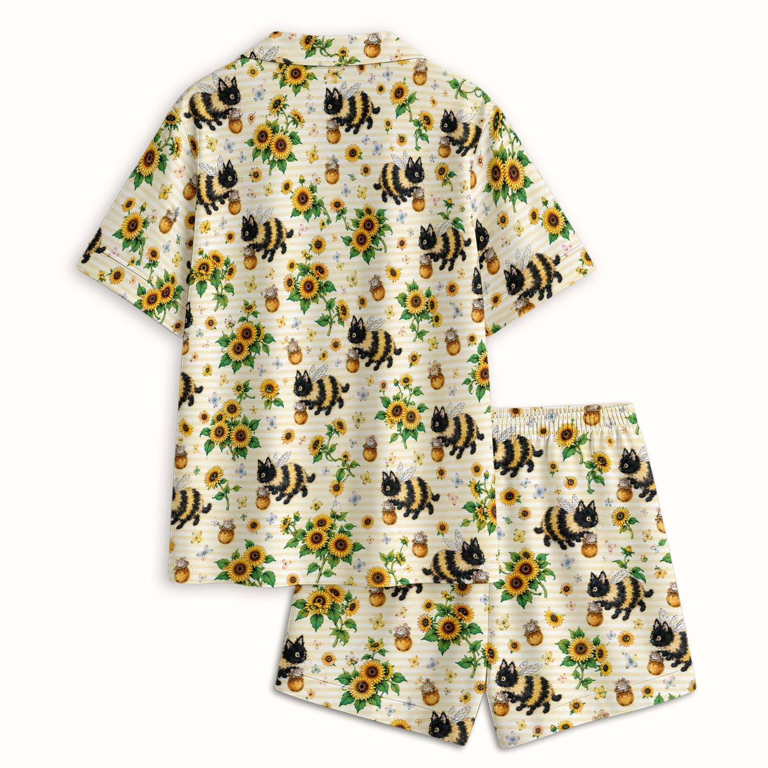 Cute Bumblebee Cat Sunflower Pattern Pajama Set, Soft Breathable Fabric Comfortable Sleepwear