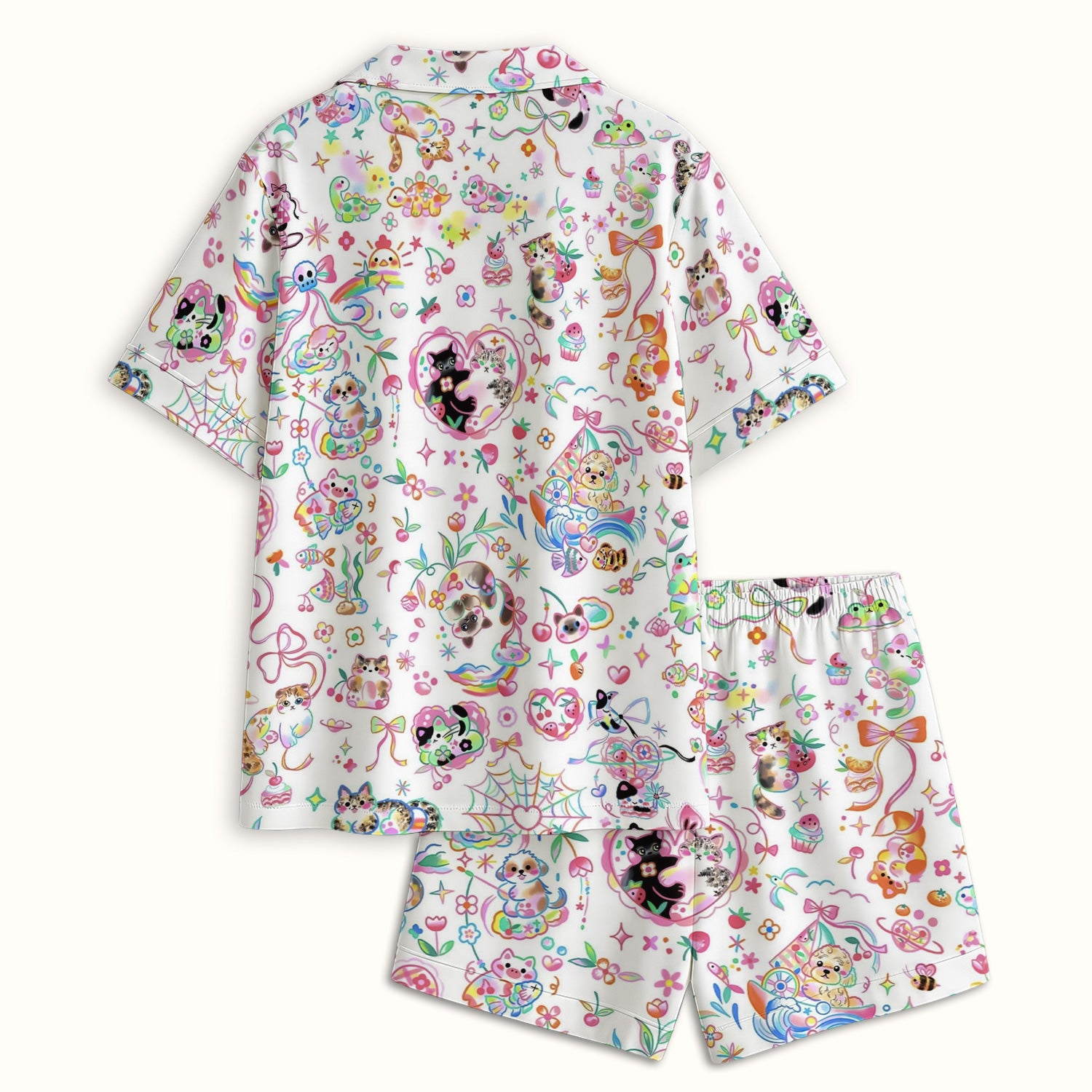 Cute Kawaii Animal Rainbow Heart Pattern Pajama Set, Soft Breathable Fabric Comfortable Sleepwear
