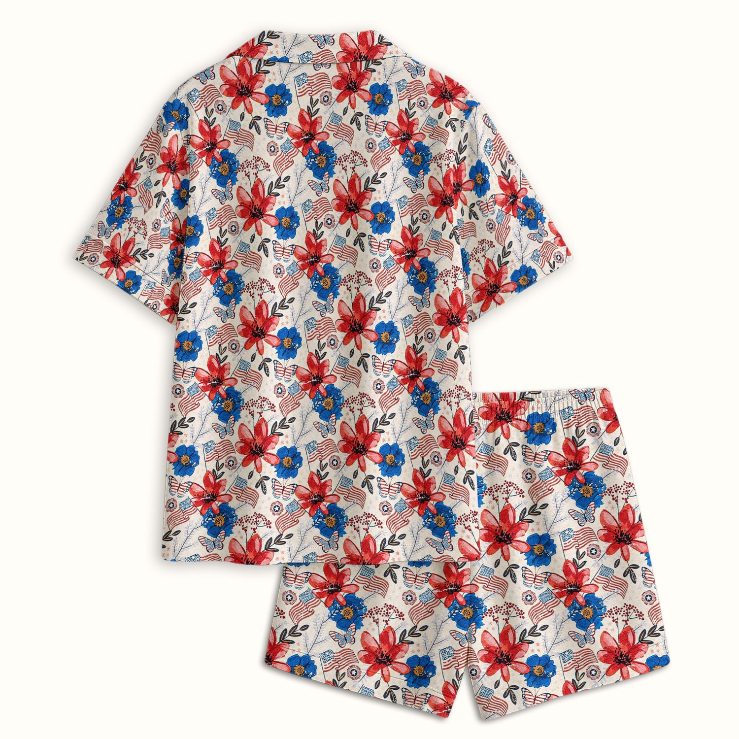 Patriotic Floral Flag Butterfly Pattern Pajama Set, Soft Breathable Fabric Comfortable Sleepwear