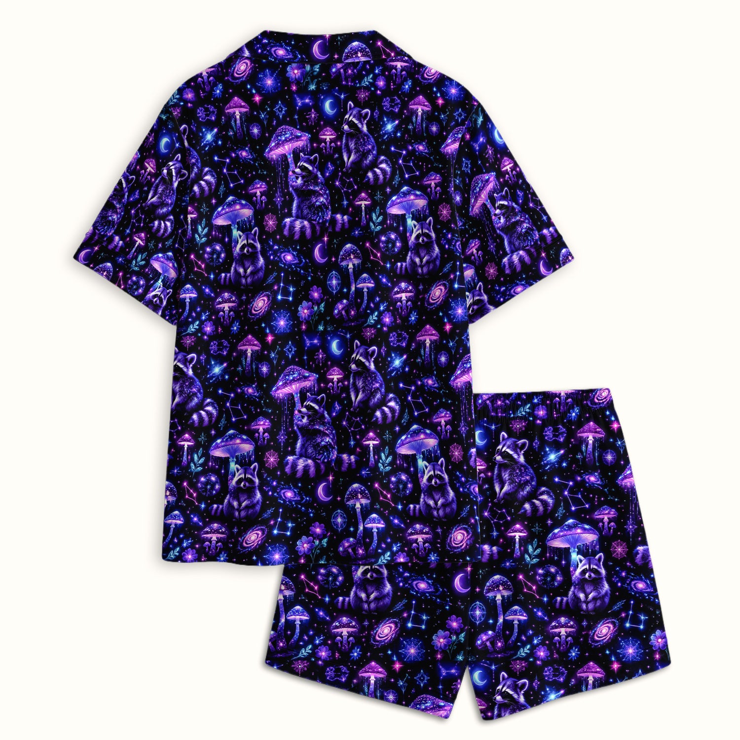 Cosmic Raccoon Mushroom Print Pajama Set, Soft Breathable Fabric Comfortable Sleepwear