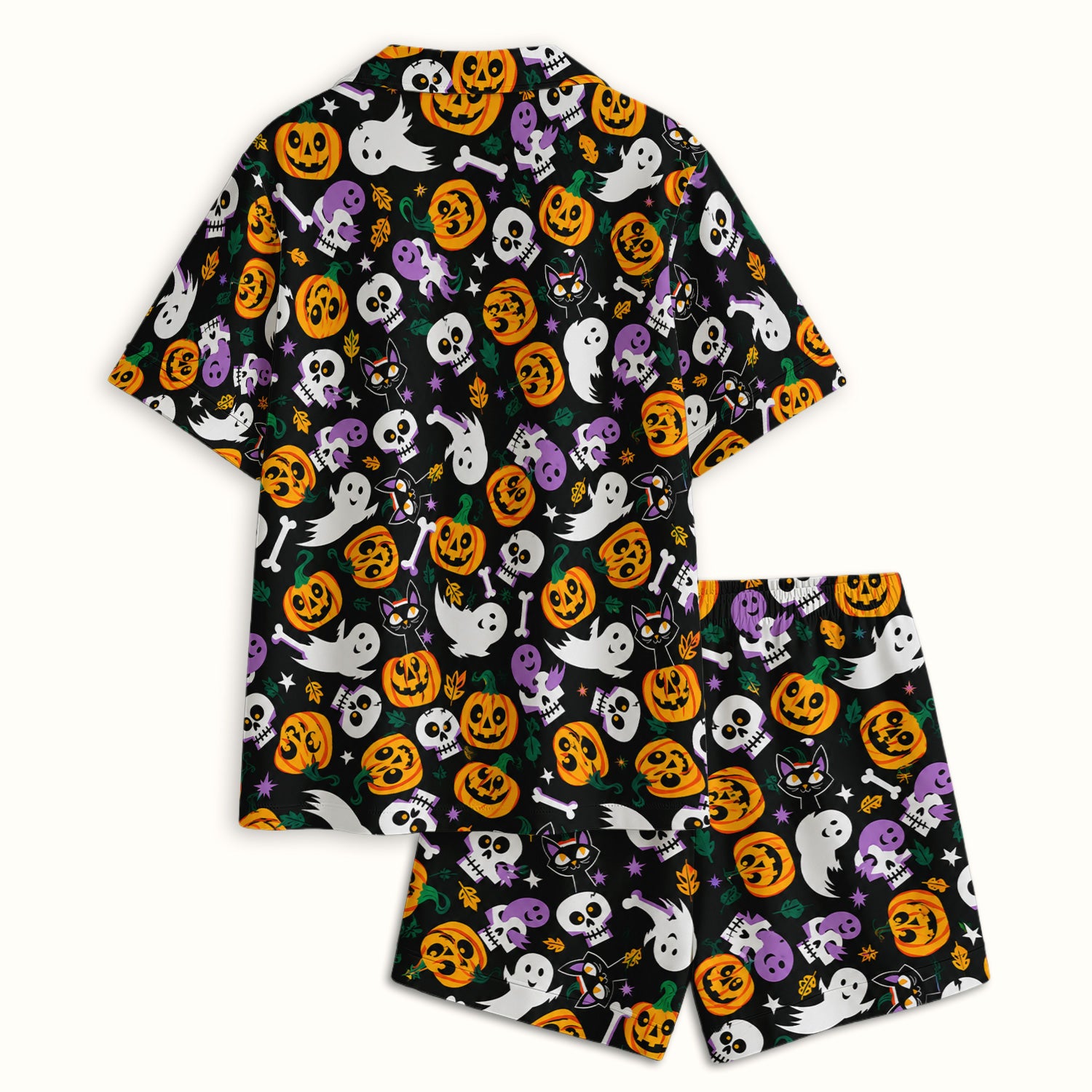Spooky Pumpkin Ghost Print Pajama Set, Soft Breathable Fabric Comfortable Sleepwear