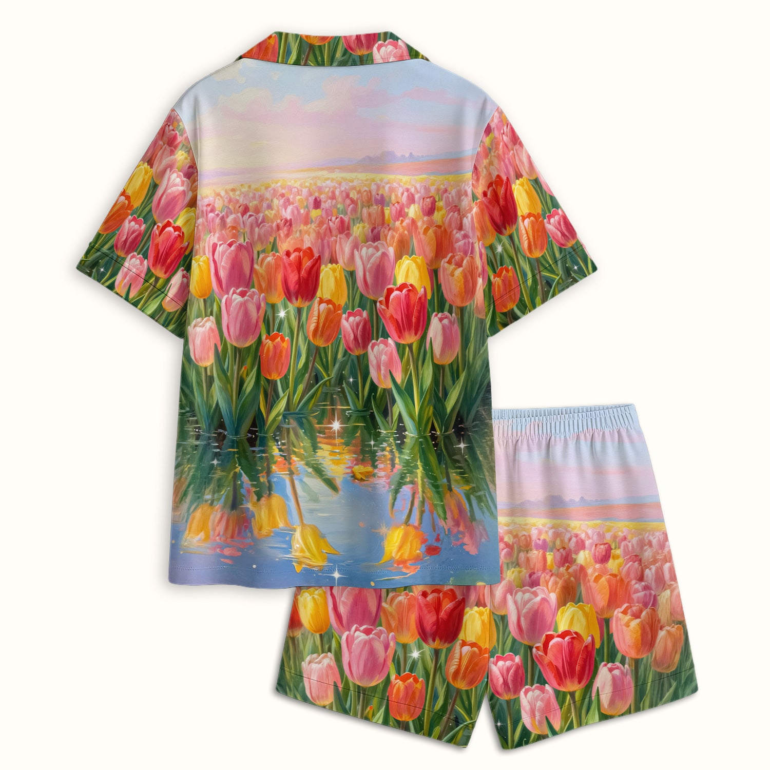 Sleeping Black Cat In Tulip Flower Field Pajama Set, Soft Breathable Fabric Comfortable Sleepwear