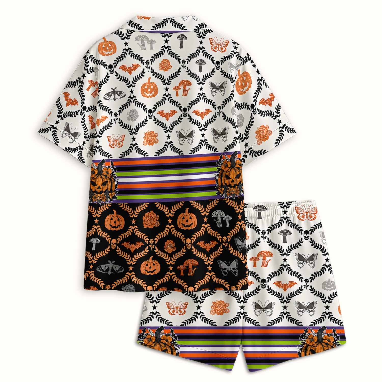 Halloween Checkered Pumpkin With Bow Pattern Pajama Set, Soft Breathable Fabric Comfortable Sleepwear