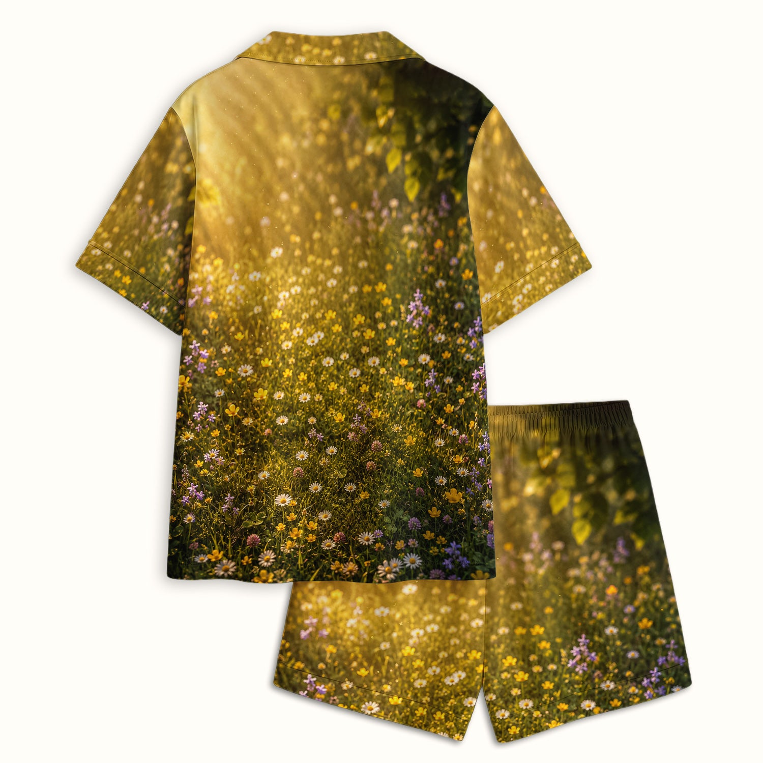 Upside Down Black Cat Meadow Pattern Pajama Set, Soft Breathable Fabric Comfortable Sleepwear