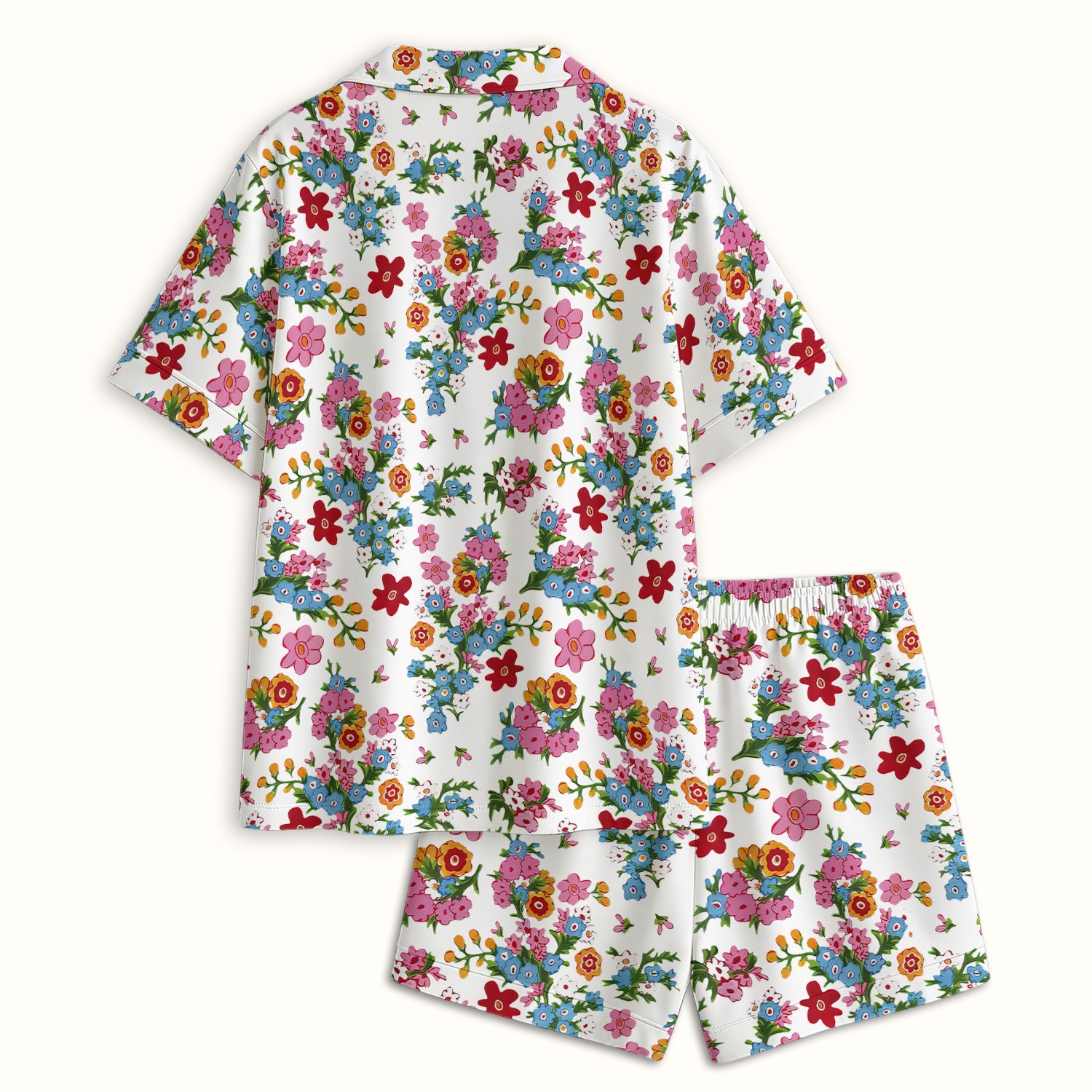 Charming Vintage Floral Bouquet Pattern Pajama Set, Breathable Fabrics Uniform