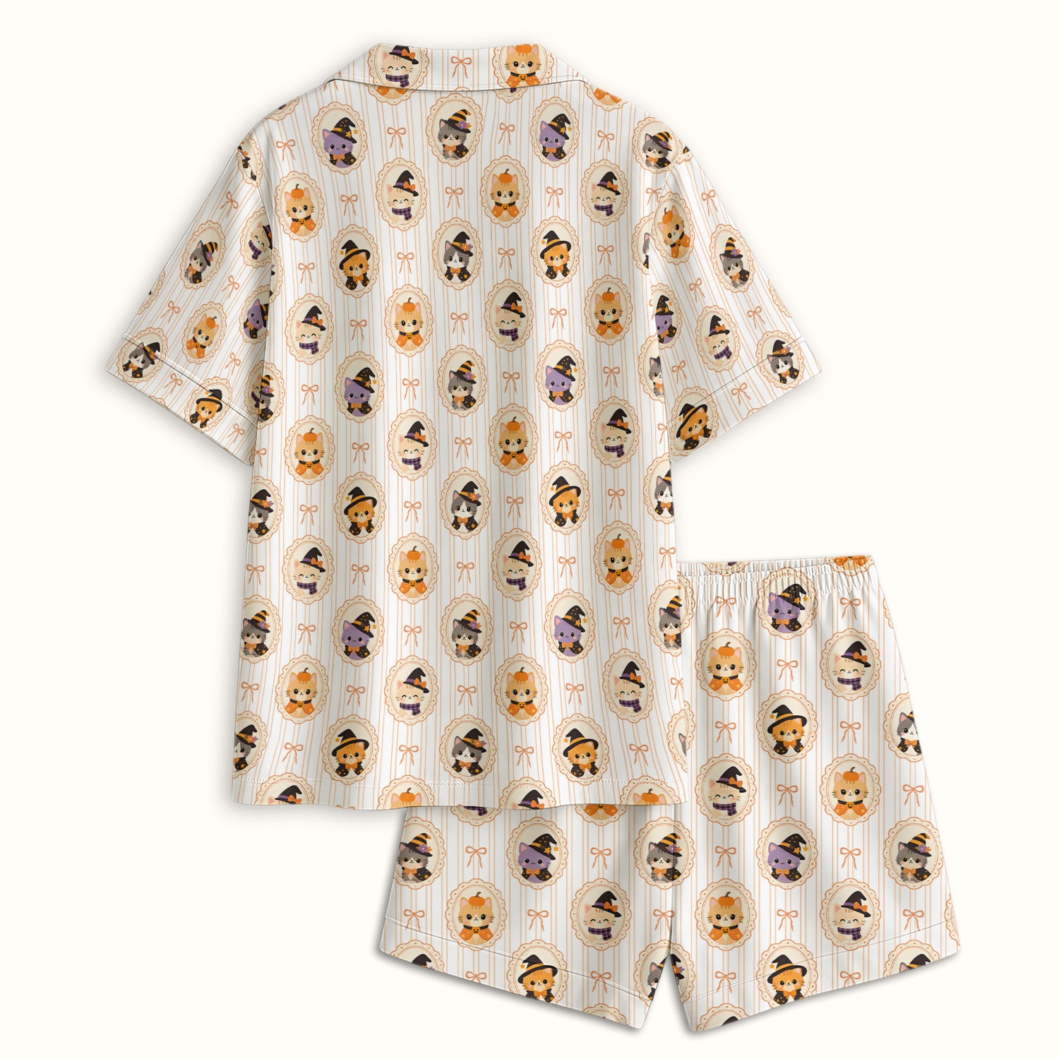Cute Halloween Cat Stripe Pattern Pajama Set, Soft Breathable Fabric Comfortable Sleepwear