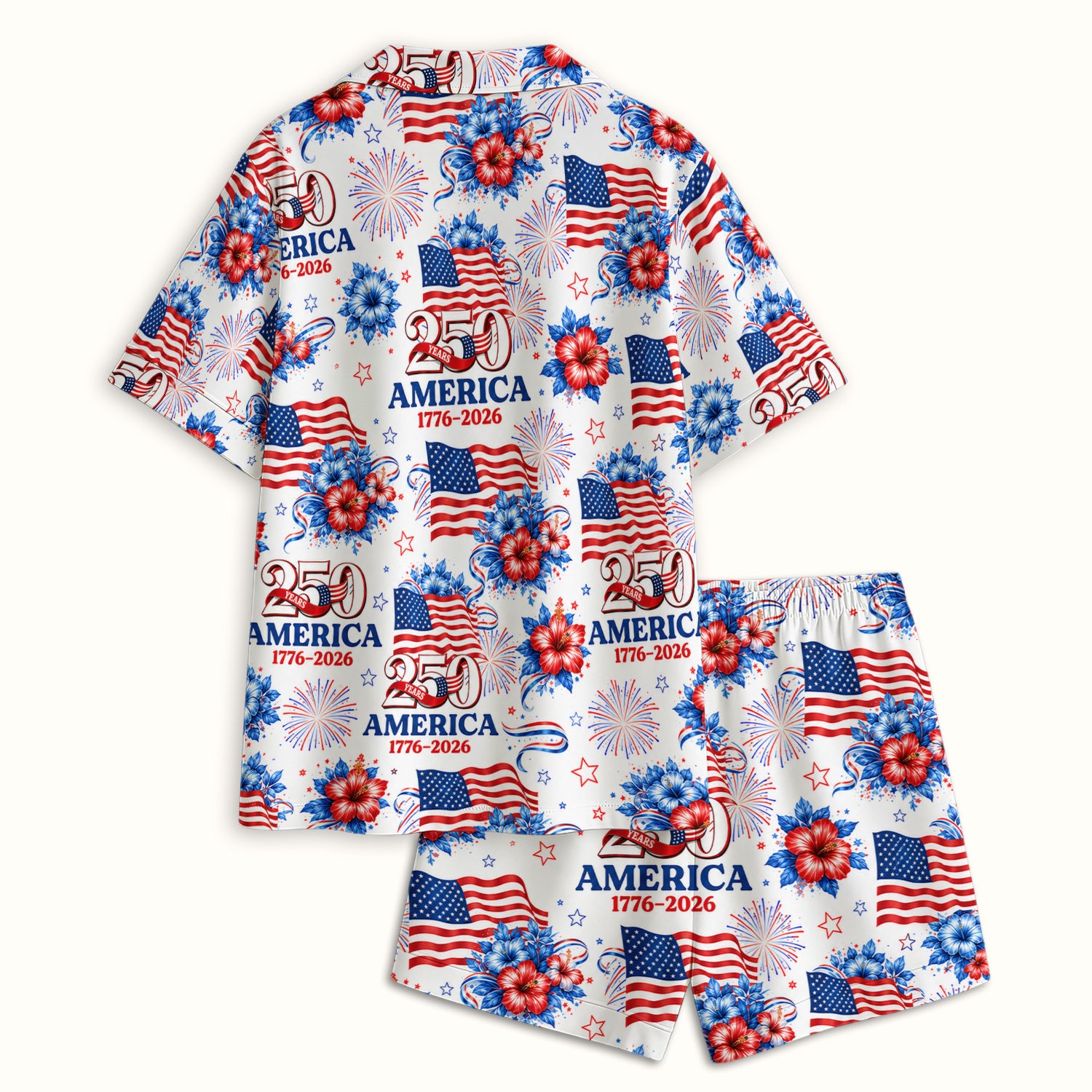 America 250 with Flag Firework Pattern Pajama Set, Soft Breathable Fabric Comfortable Sleepwear