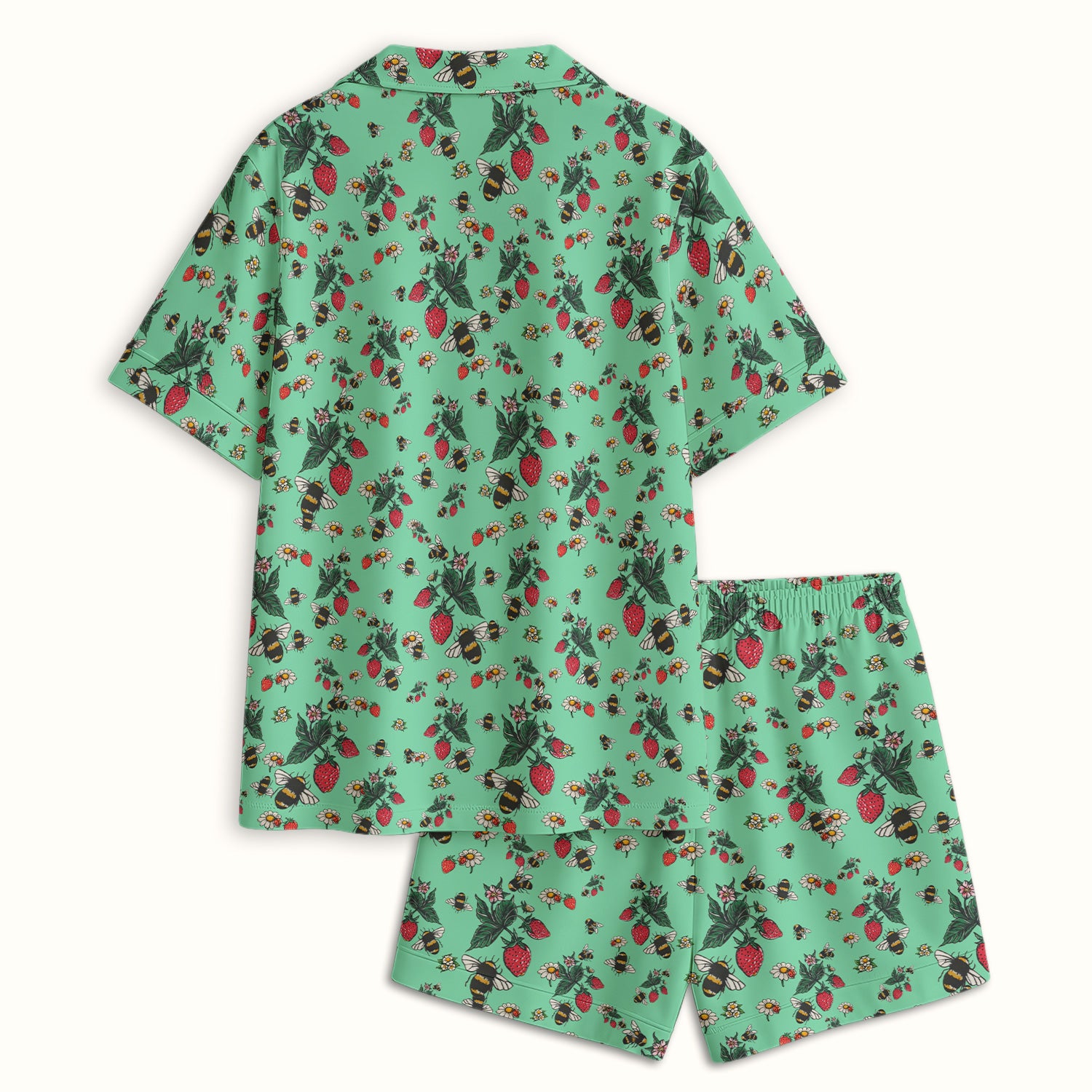 Cute Strawberry Bee Daisy Floral Pattern Pajama Set, Breathable Fabrics Uniform