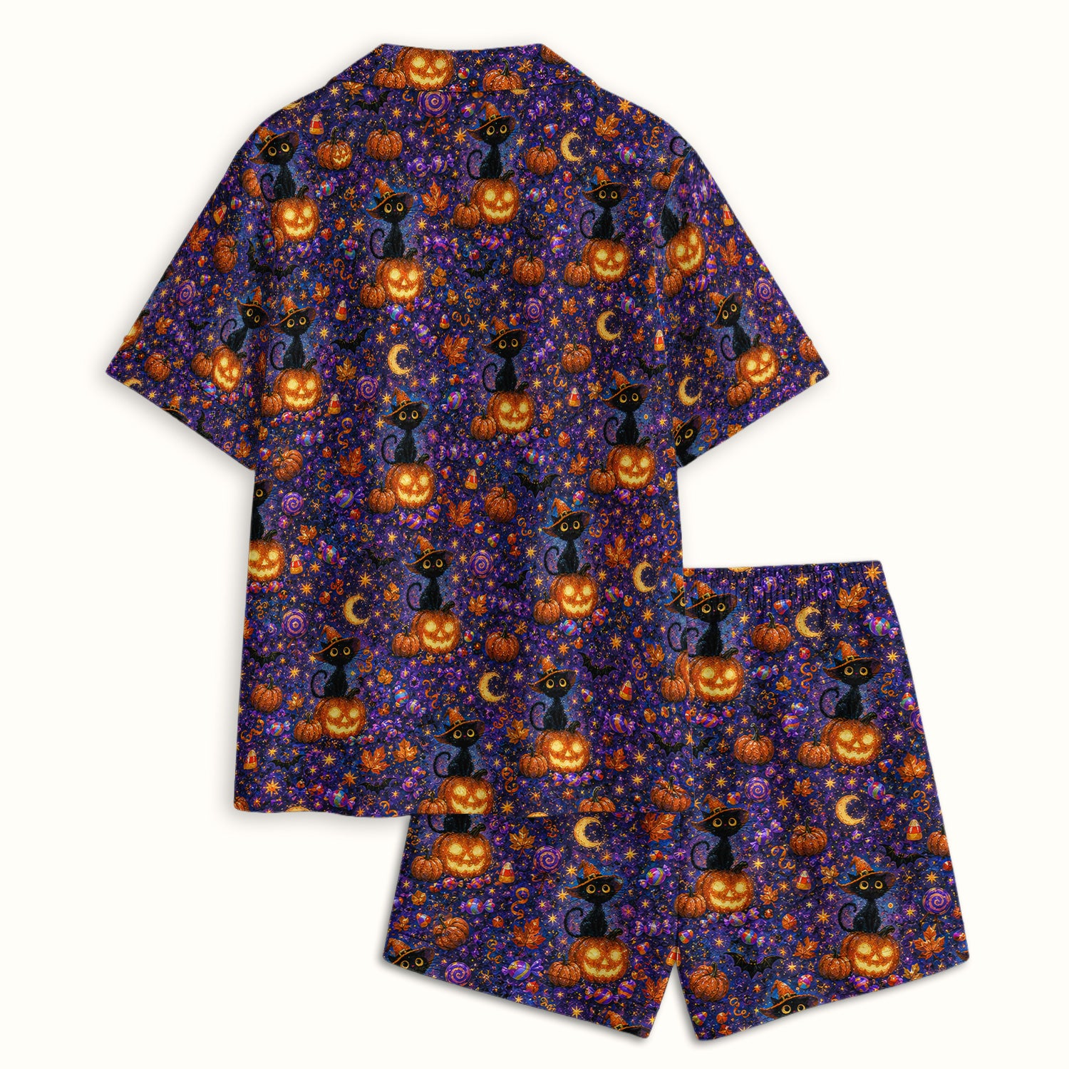 Mystical Halloween Witch Cat Pajama Set, Soft Breathable Fabric Comfortable Sleepwear