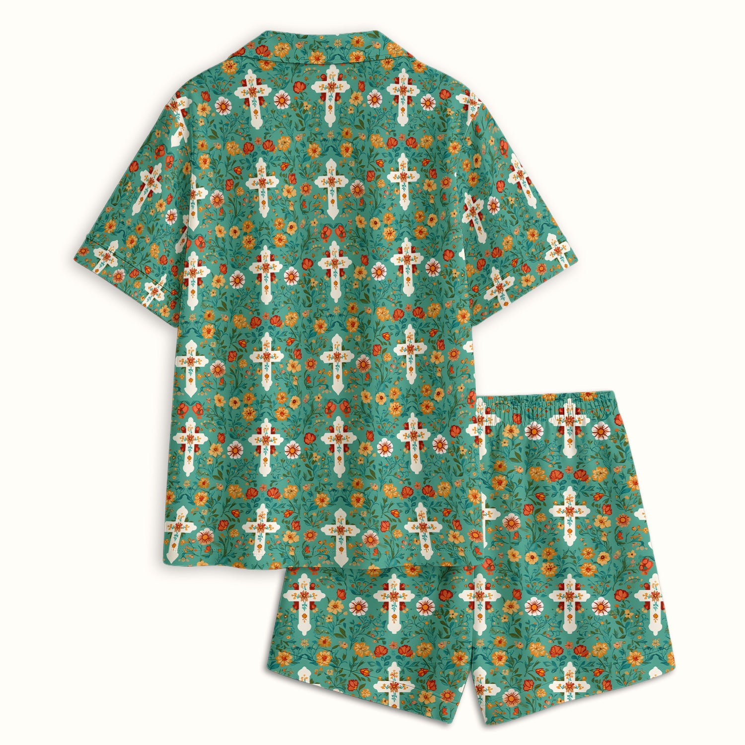 Christian Faith Floral Cross Pattern Pajama Set, Soft Breathable Fabric Comfortable Sleepwear