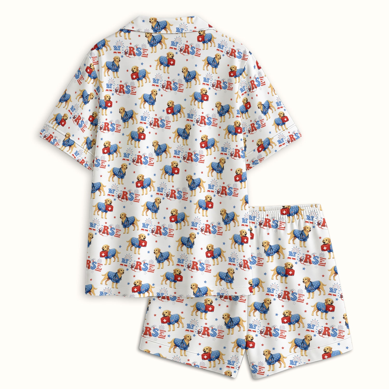 Patriotic Nurse Dog Medical Pattern Pajama Set, Breathable Fabrics Uniform