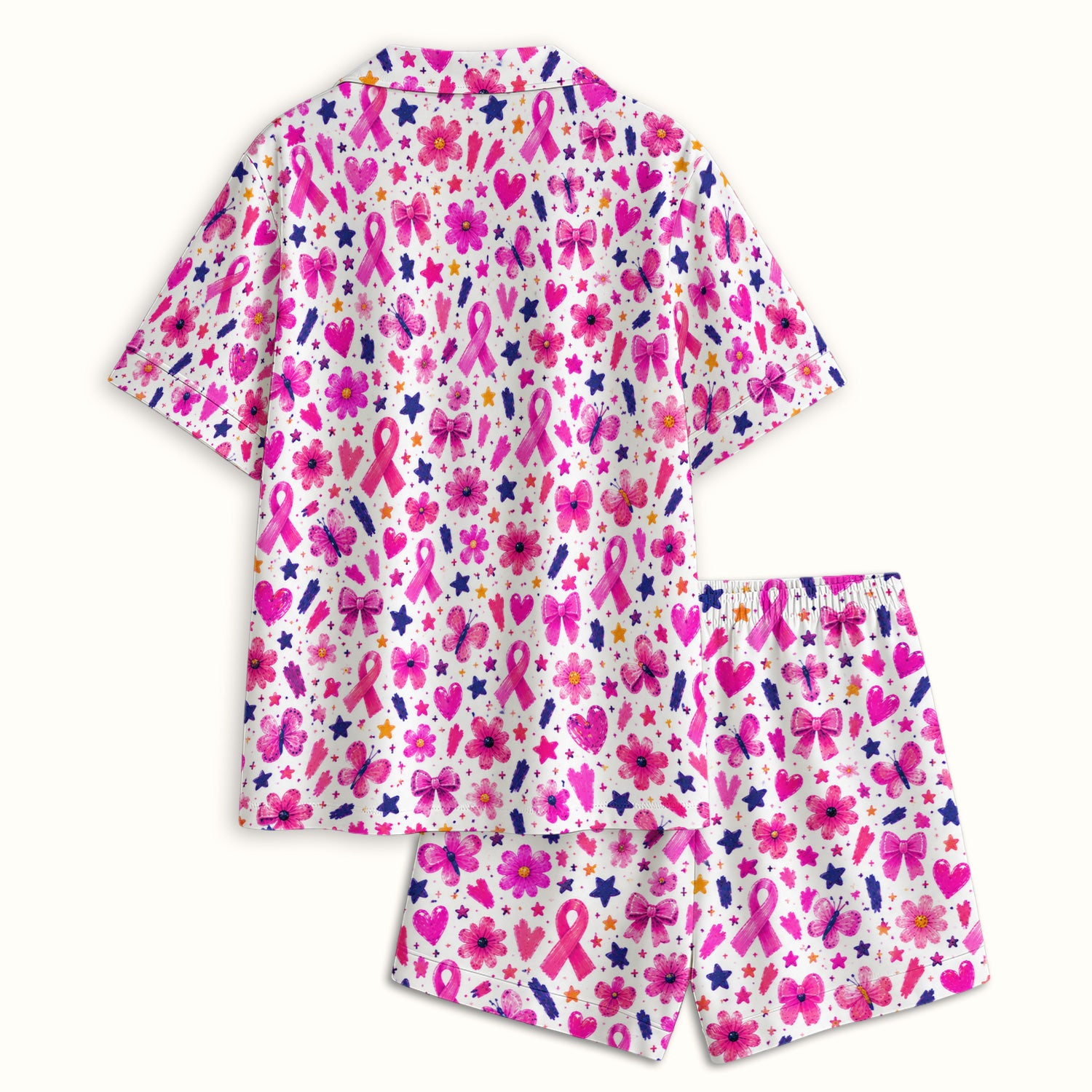 Pink Ribbon Floral Pattern Pajama Set, Soft Breathable Fabric Comfortable Sleepwear