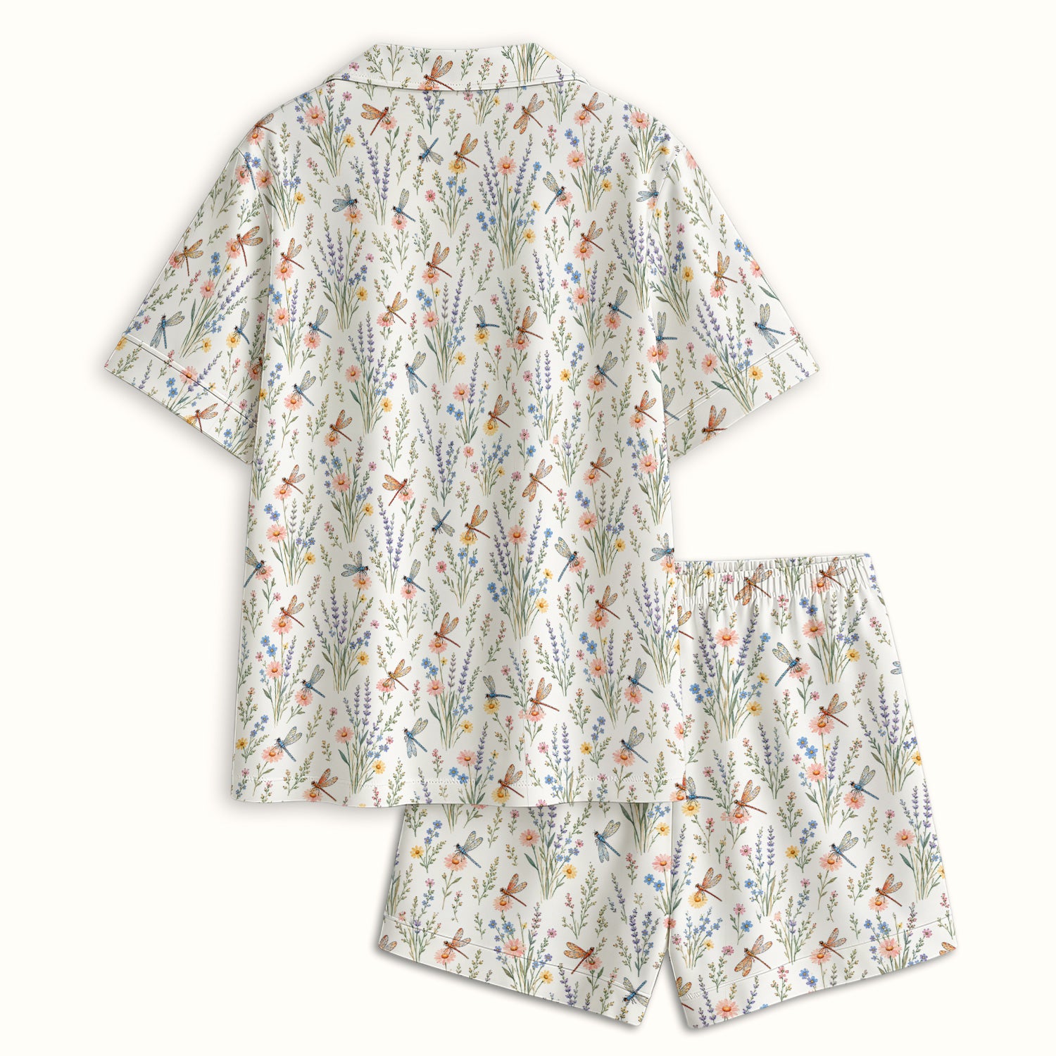 Dragonfly Wildflower Meadow Pattern Pajama Set, Soft Breathable Fabric Comfortable Sleepwear
