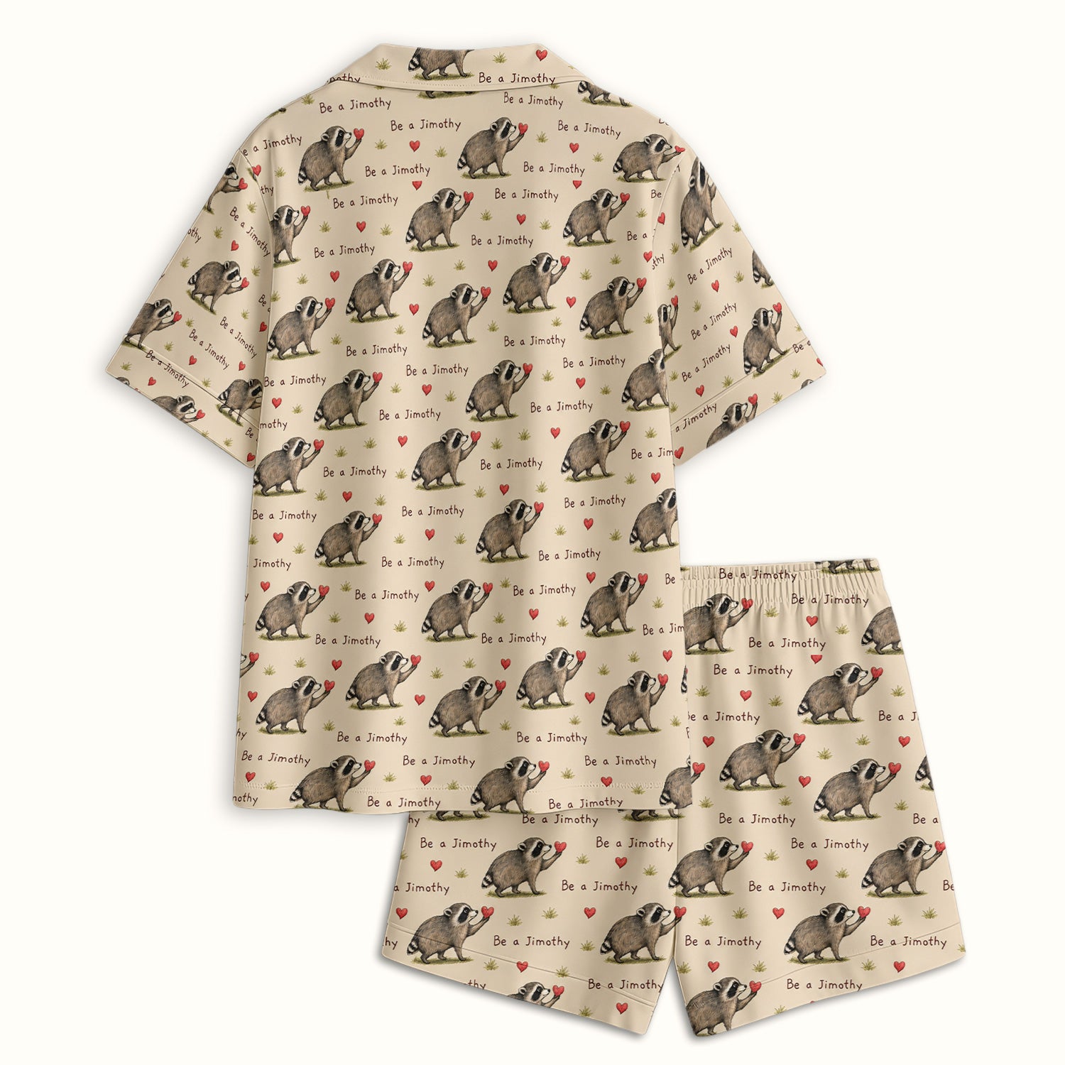 Cute Be A Jimothy Raccoon Hearts Pajama Set, Soft Breathable Fabric Comfortable Sleepwear