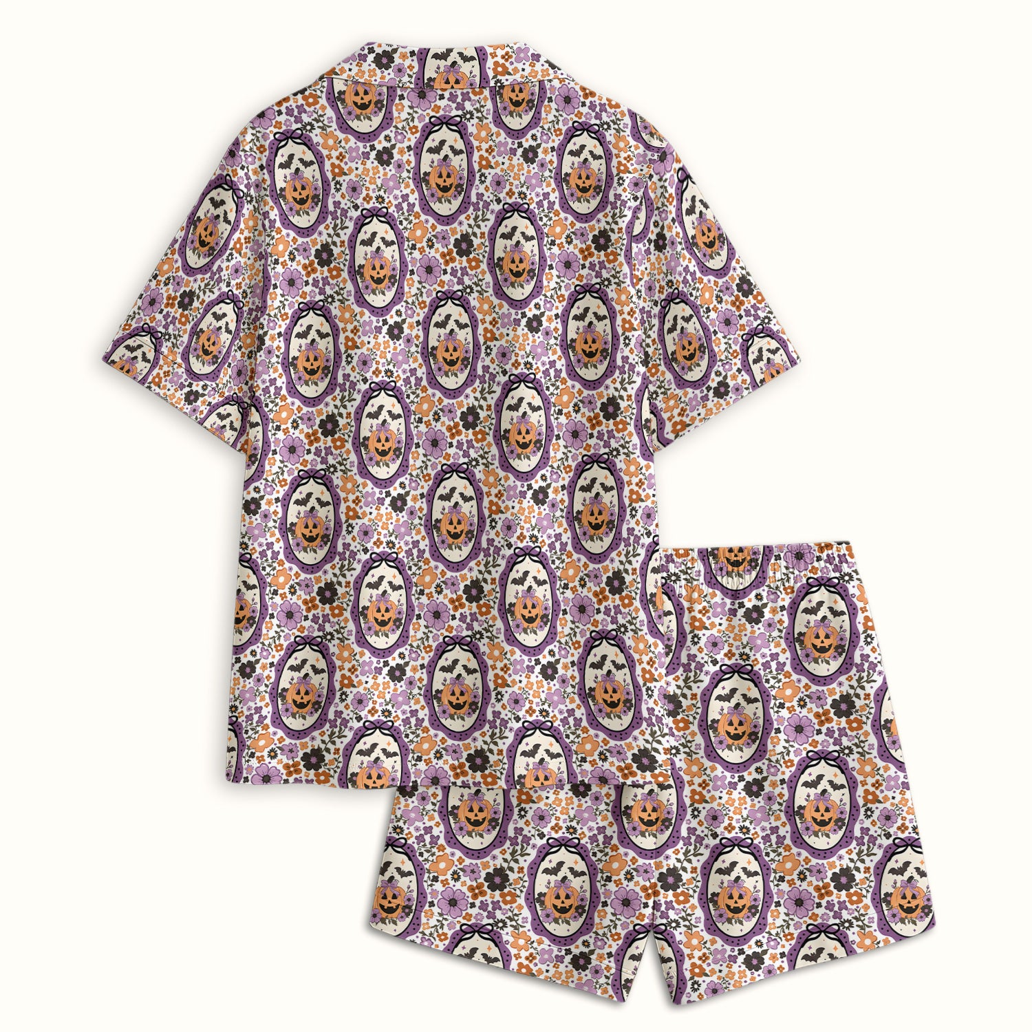 Halloween Pumpkin with Floral Print Pajama Set, Soft Breathable Fabric Comfortable Sleepwear