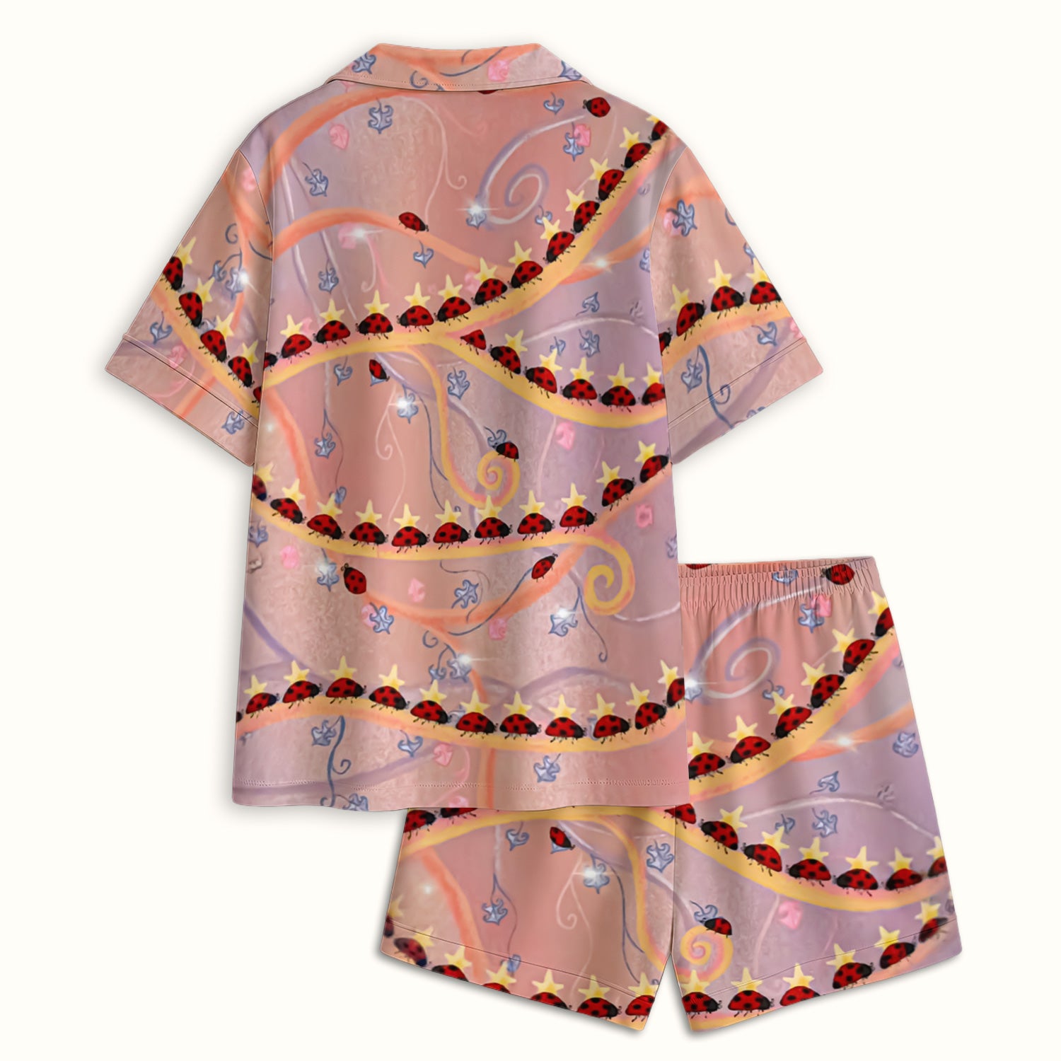 Cute Ladybug Star Vine Swirl Pattern Pajama Set, Soft Breathable Fabric Comfortable Sleepwear