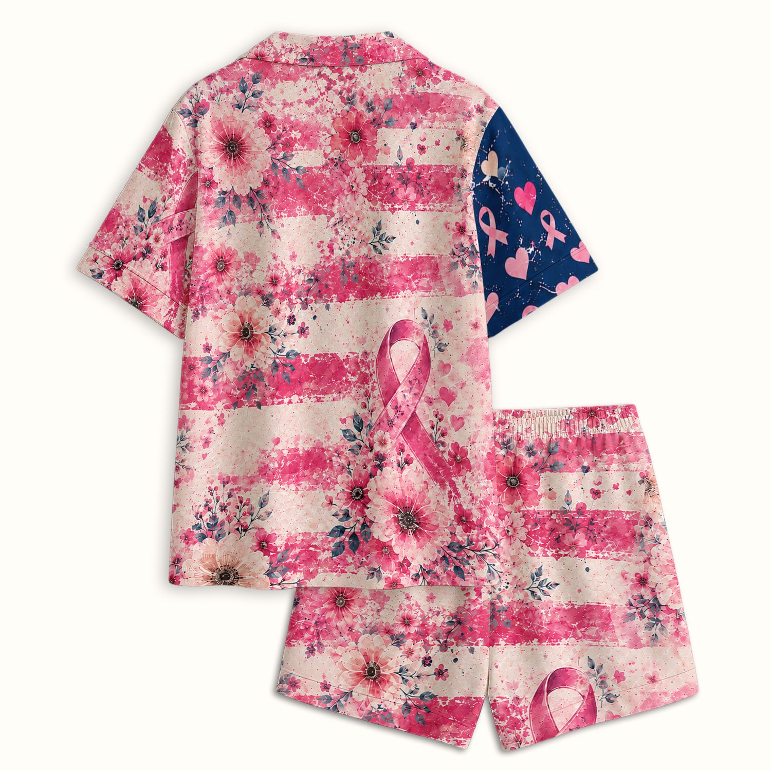 Breast Cancer Floral Flag Pajama Set, Soft Breathable Fabric Comfortable Sleepwear