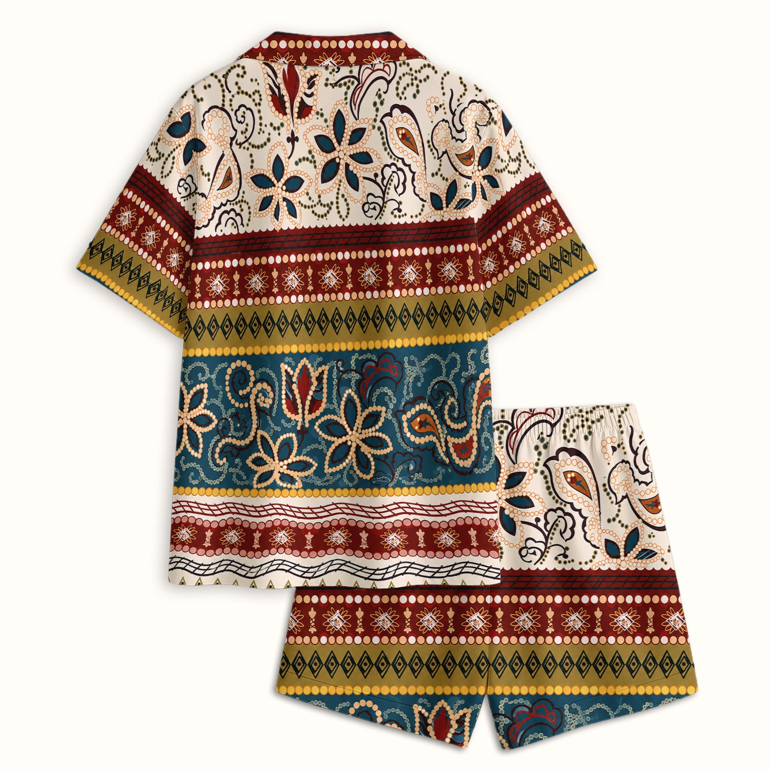 Boho Paisley Floral Stripe Pattern Pajama Set, Soft Breathable Fabric Comfortable Sleepwear