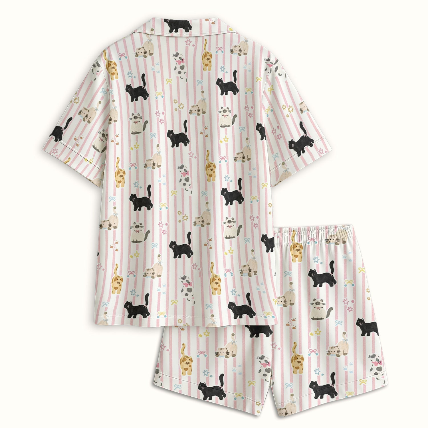 Cute Playful Cat Stripe Ribbon Pattern Pajama Set, Soft Breathable Fabric Comfortable Sleepwear
