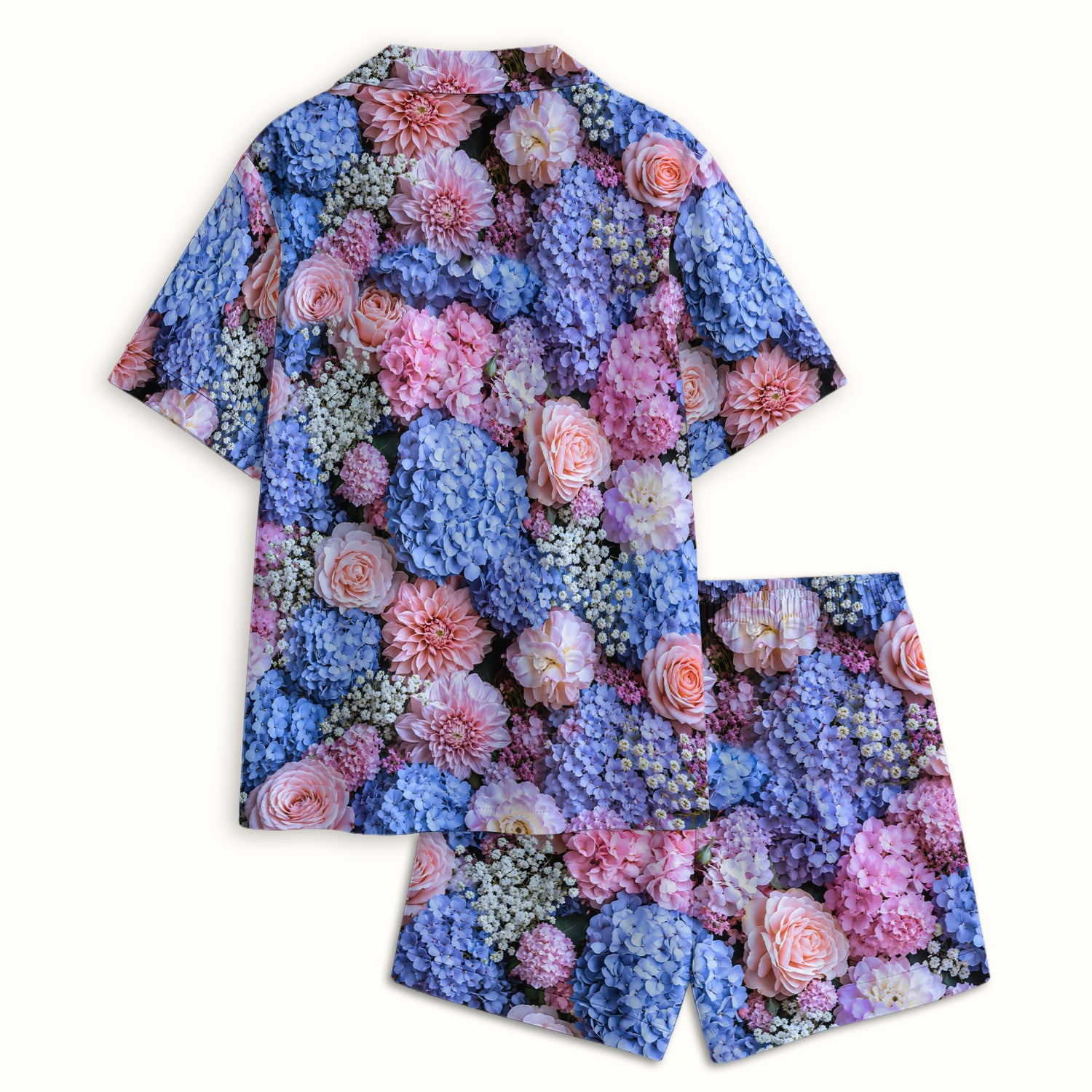 Cute Pastel Hydrangea Rose Blossom Pattern Pajama Set, Soft Breathable Fabric Comfortable Sleepwear