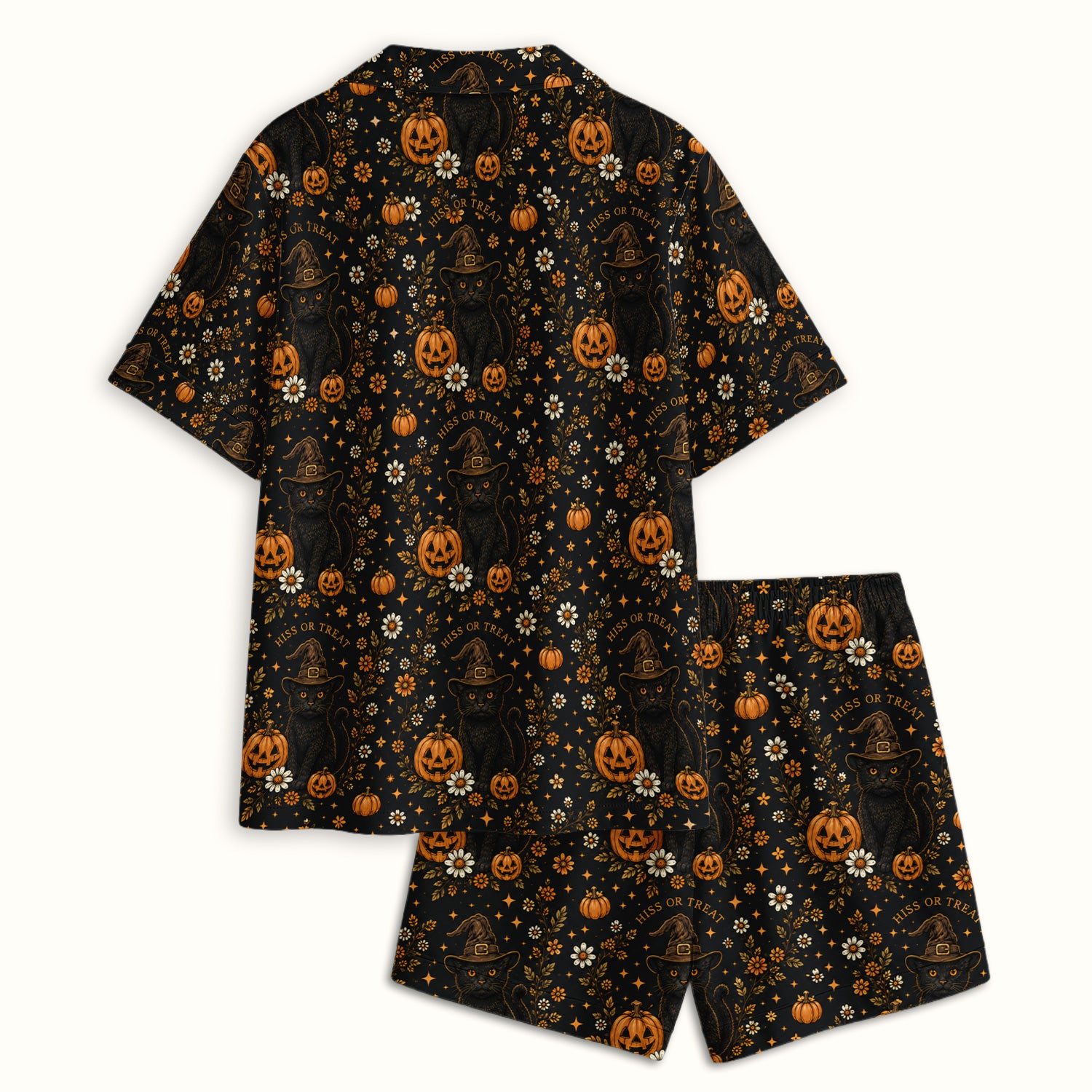 Halloween Black Cat Pumpkin Floral Pajama Set, Soft Breathable Fabric Comfortable Sleepwear