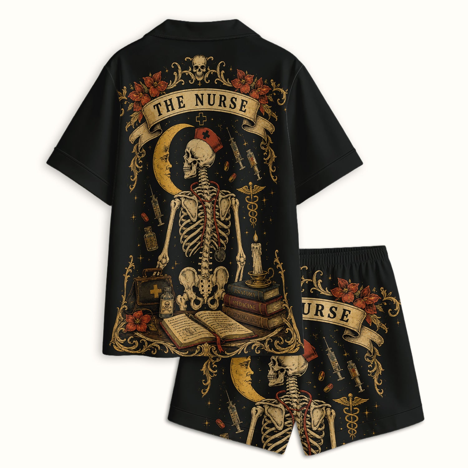 Breast Cancer Skeleton Nurse Pajama Set, Soft Breathable Fabric Comfortable Sleepwear