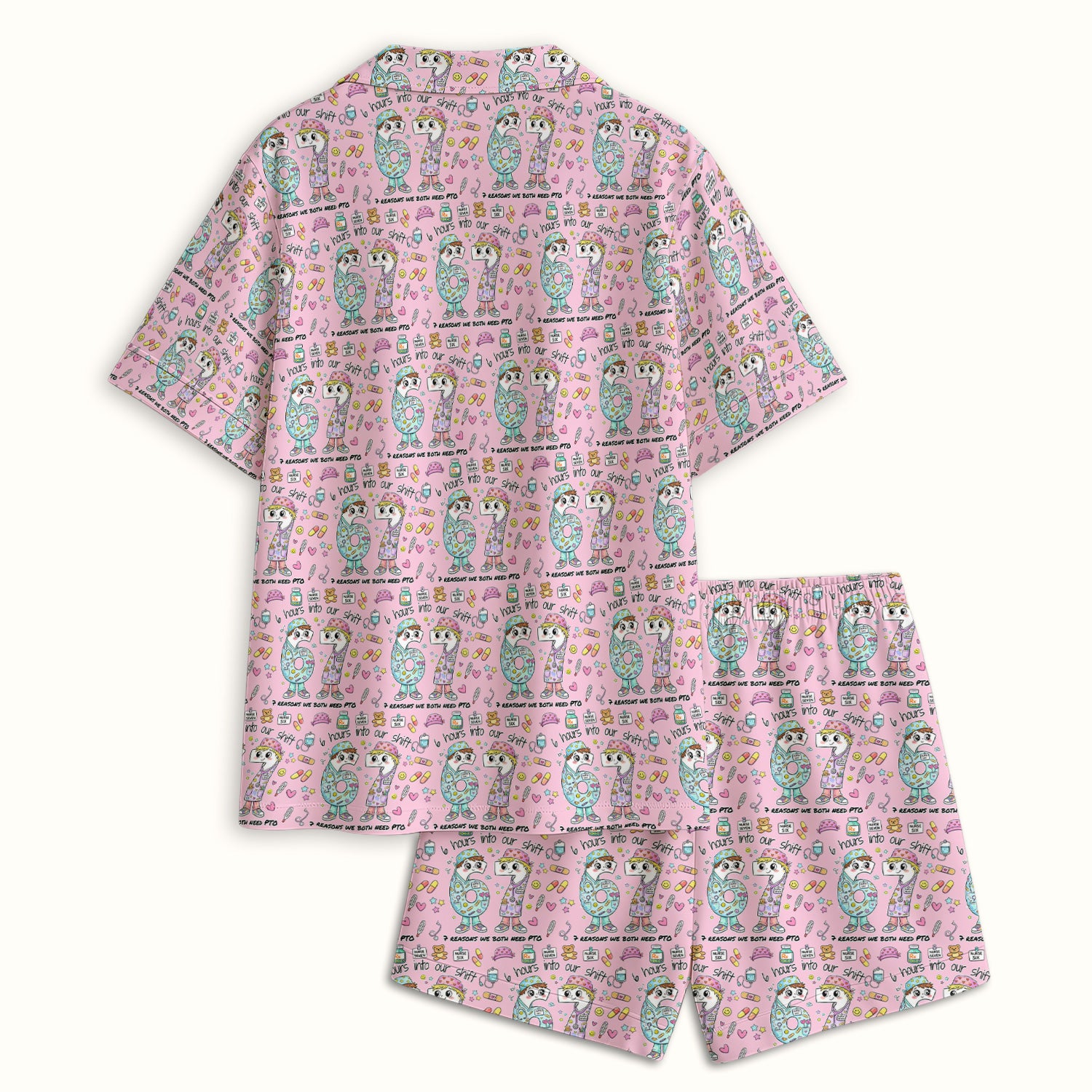 Cartoon Characters Six Hours Into Shift With Medical Doodle Pajama Set, Breathable Fabrics Uniform