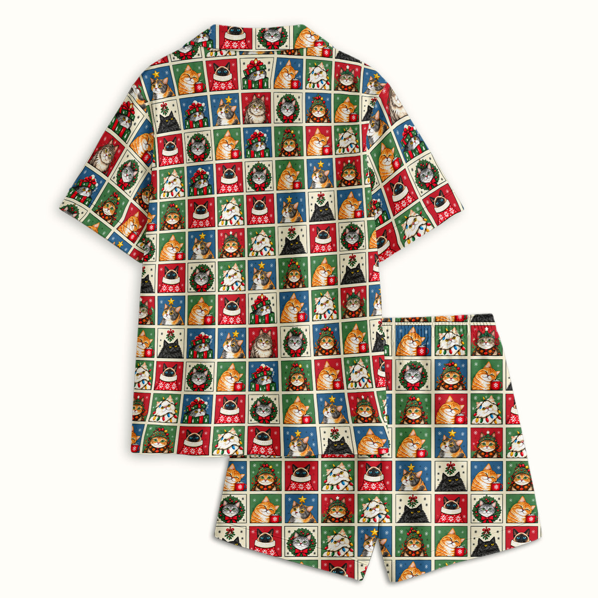 Cute Christmas Cat Patchwork Pajama Set, Soft Breathable Fabric Comfortable Sleepwear