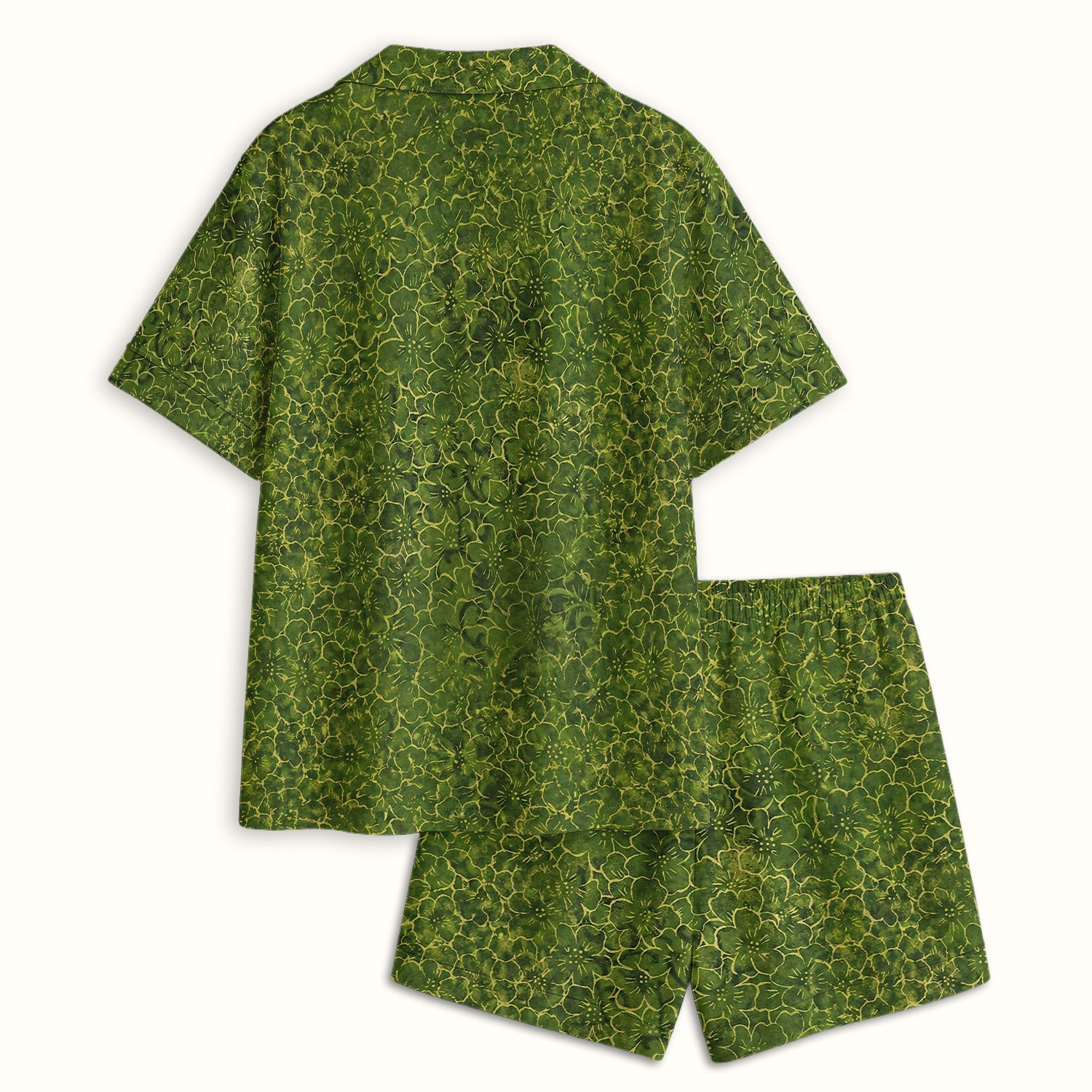 Green Floral Blossom Pattern Pajama Set, Soft Breathable Fabric Comfortable Sleepwear