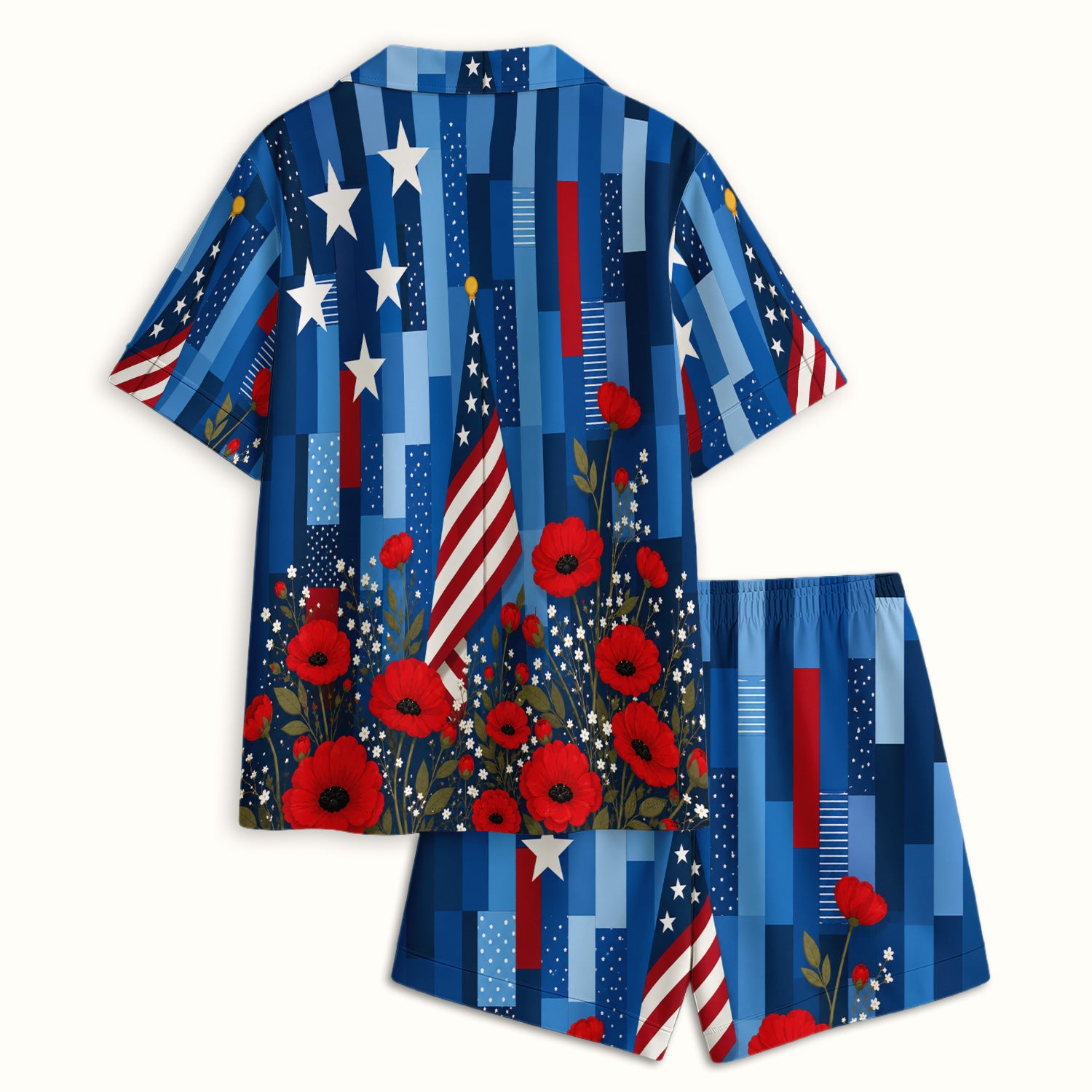 Patriotic Nurse Flag Poppy Pattern Pajama Set, Soft Breathable Fabric Comfortable Sleepwear