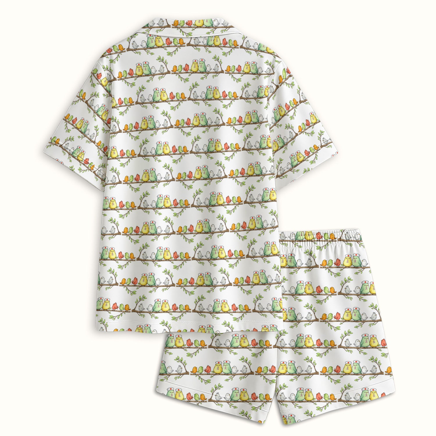Cute Pink Ribbon Birds Pajama Set, Soft Breathable Fabric Comfortable Sleepwear