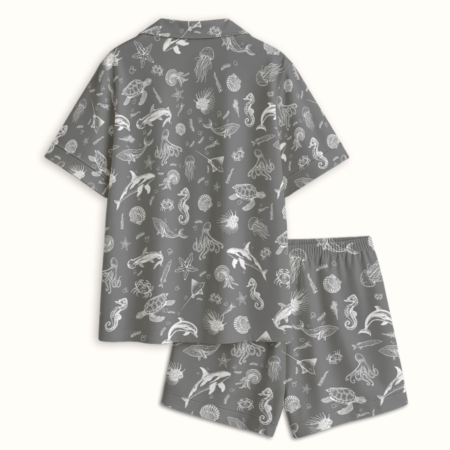 Marine Sea Life Pattern Pajama Set, Breathable Fabrics Uniform