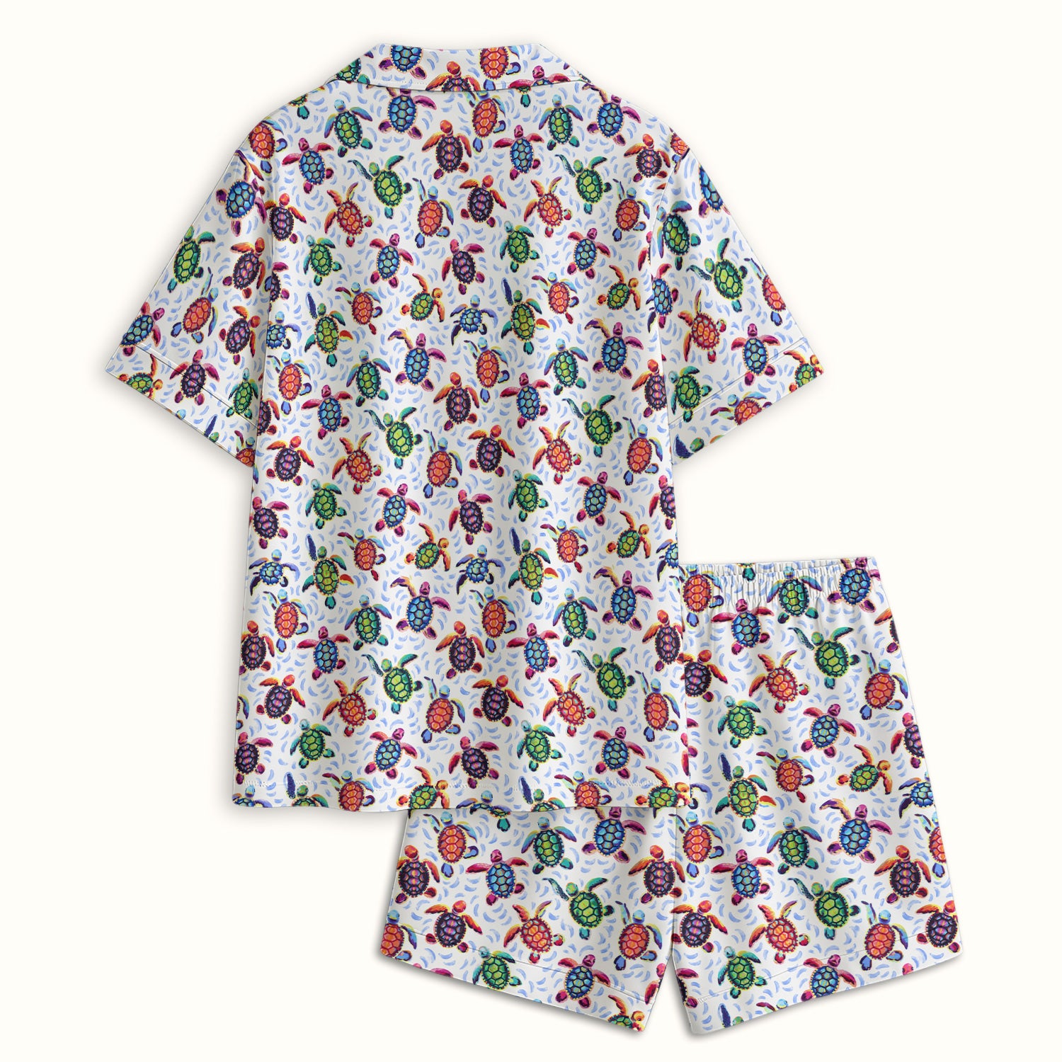 Colorful Sea Turtle Wave Pattern Pajama Set, Soft Breathable Fabric Comfortable Sleepwear