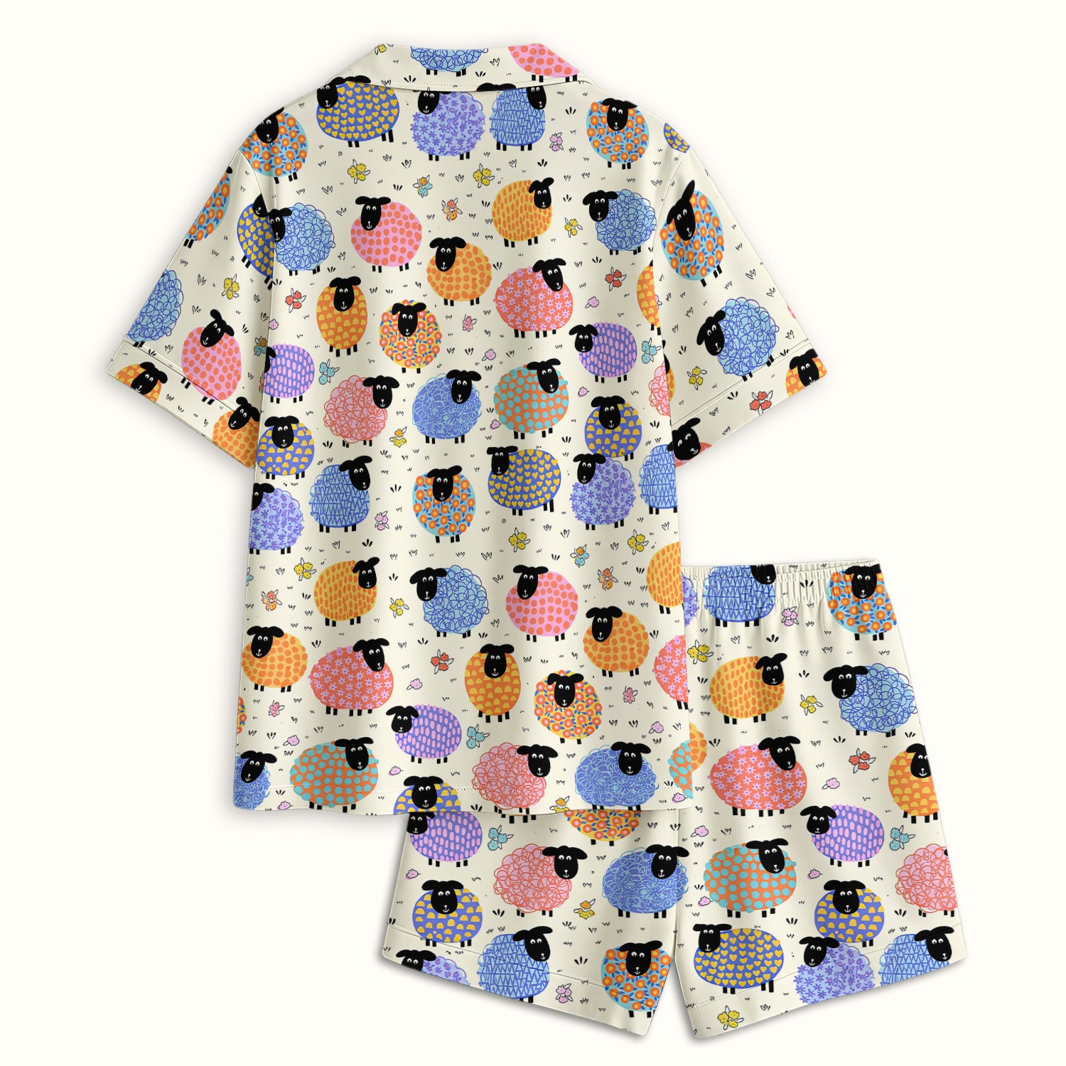 Funny Colorful Sheep Pattern Pajama Set, Breathable Fabrics Uniform