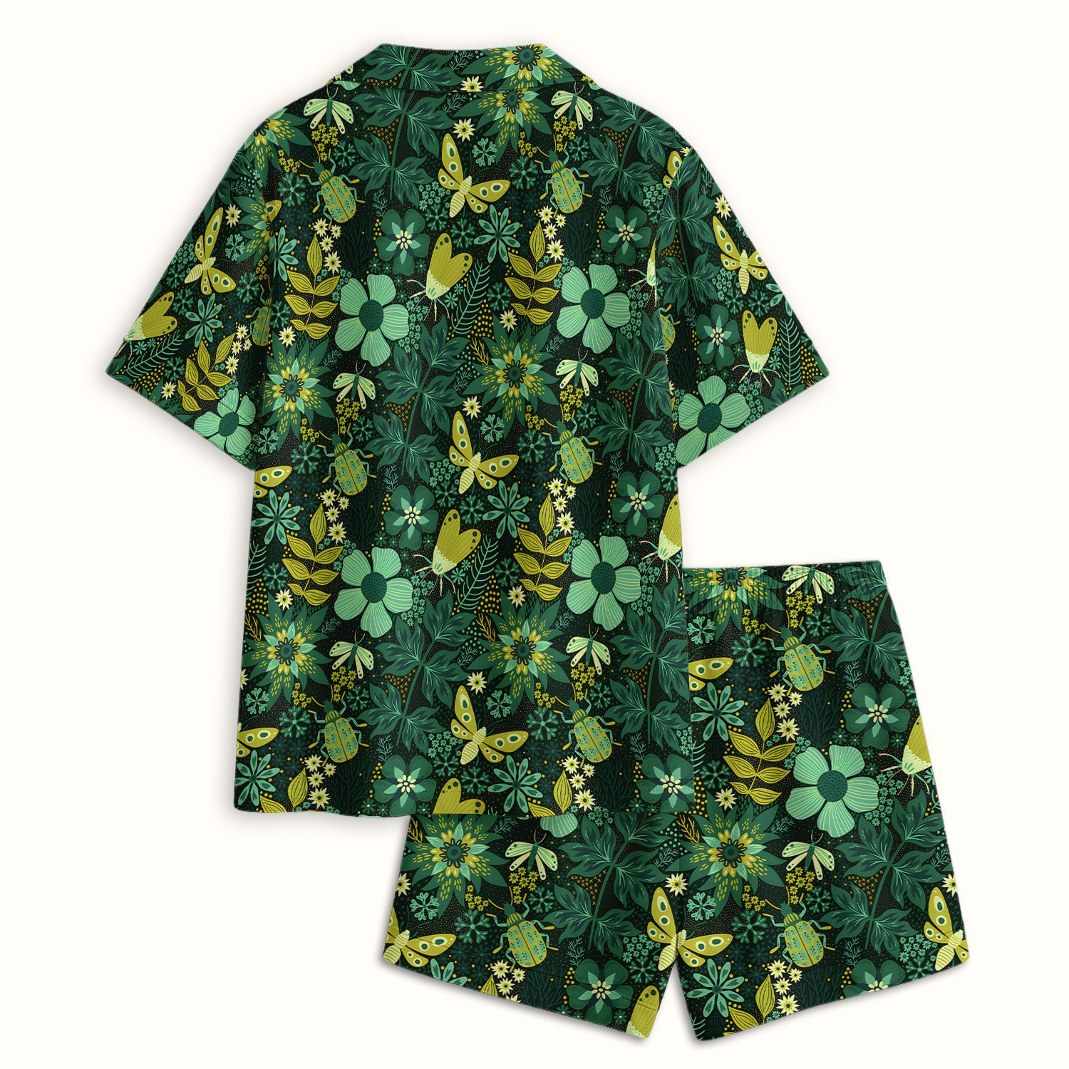 Green Botanical Butterfly Pattern Pajama Set, Soft Breathable Fabric Comfortable Sleepwear
