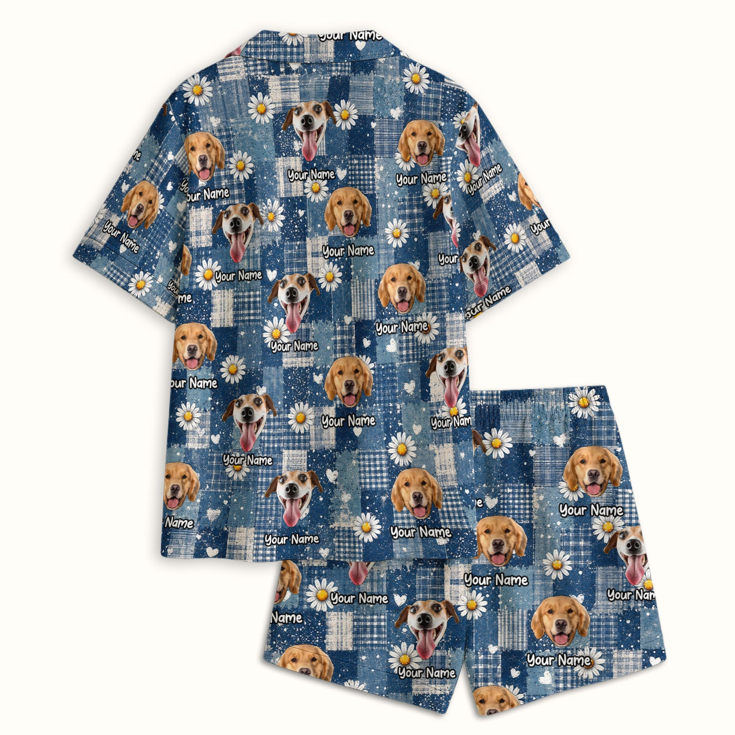Personalized Cute Dog Portrait On Blue Patchwork Daisy Pattern Pajama Set, Soft Breathable Fabric Comfortable Sleepwear
