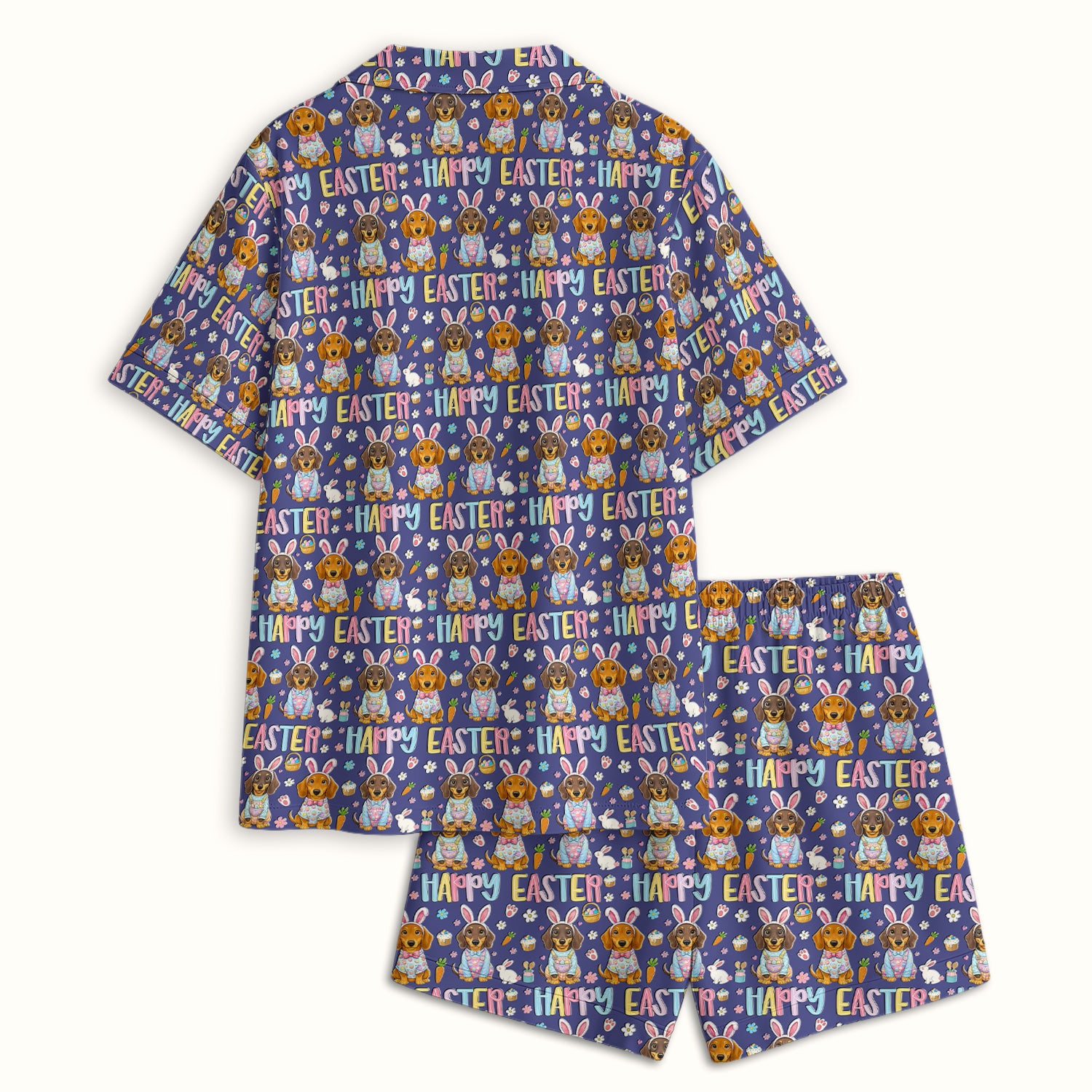 Happy Easter Dachshund Bunny Print Pajama Set, Breathable Fabrics Uniform