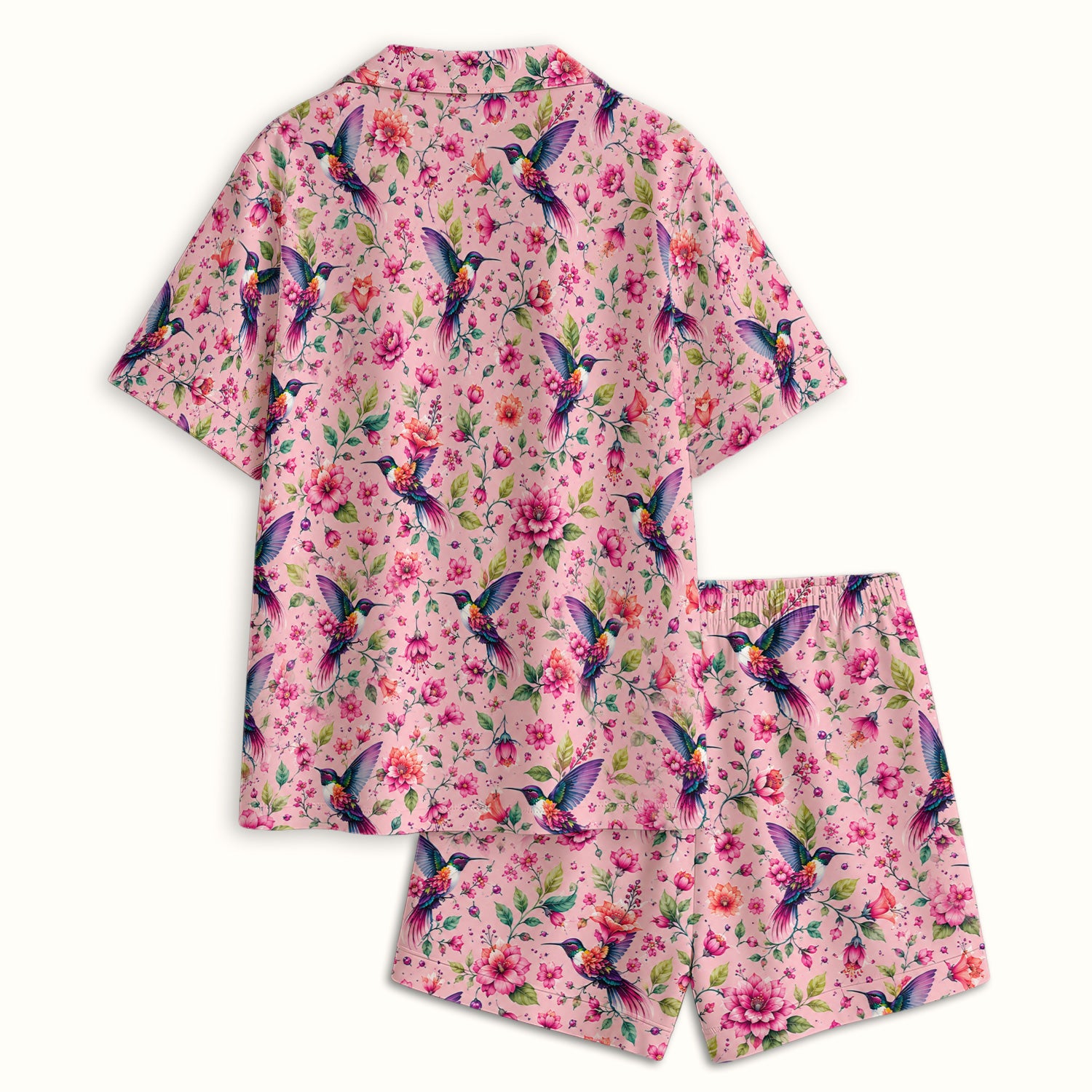 Pink Hummingbird Floral Garden Pattern Pajama Set, Soft Breathable Fabric Comfortable Sleepwear