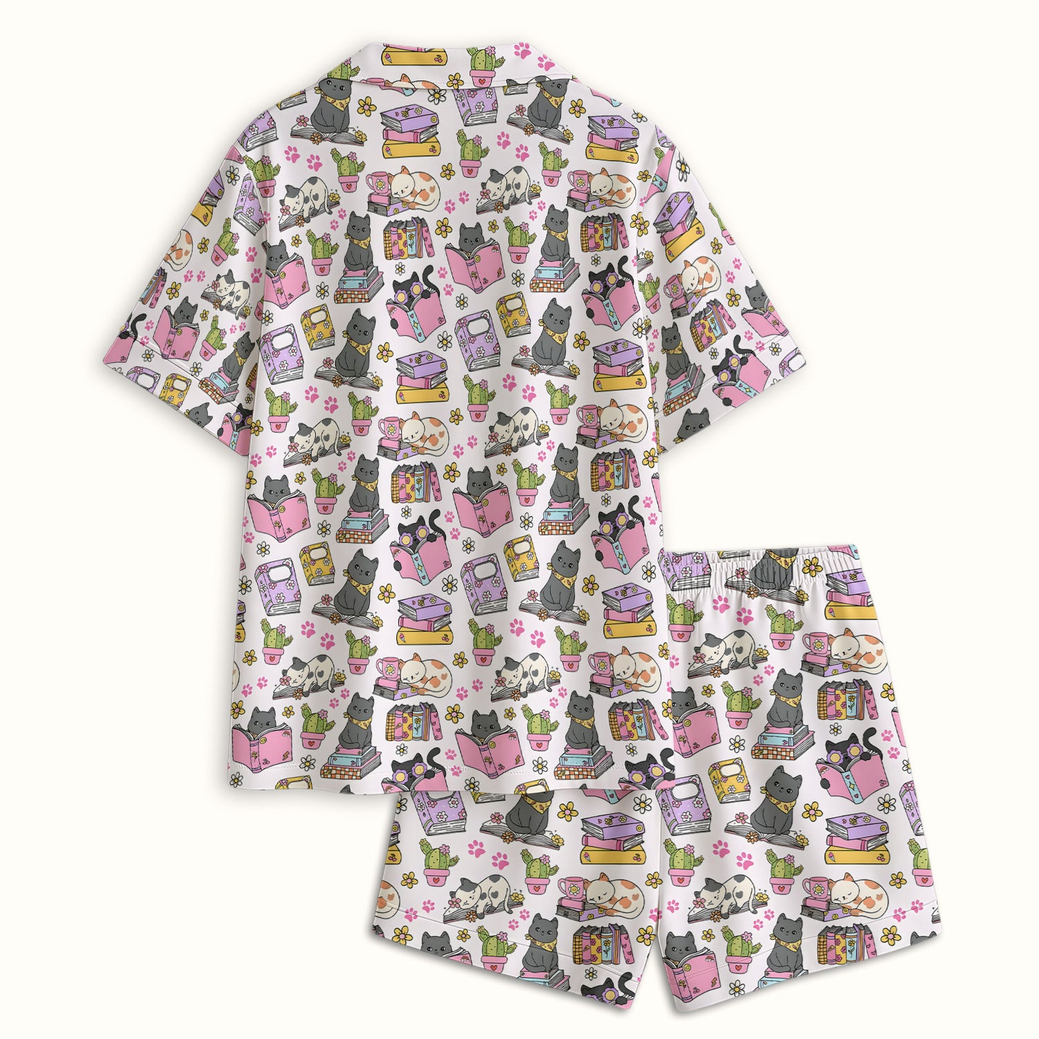 Cute Cat Book Cactus Seamless Pattern Pajama Set, Soft Breathable Fabric Comfortable Sleepwear