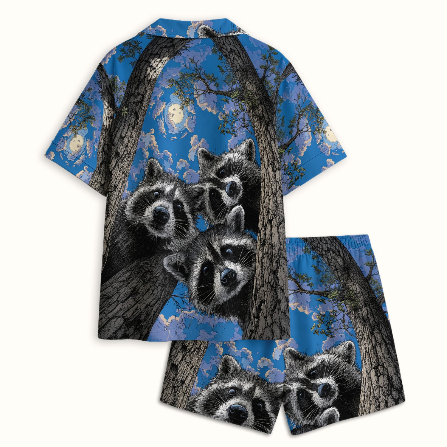 Cute Raccoon Tree Veterinary Pattern Pajama Set, Soft Breathable Fabric Comfortable Sleepwear