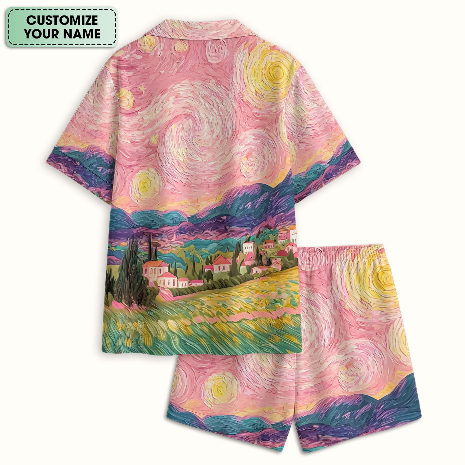 Personalized Cat Couple Sunset Swirl Sky Landscape Pattern Pajama Set, Soft Breathable Fabric Comfortable Sleepwear
